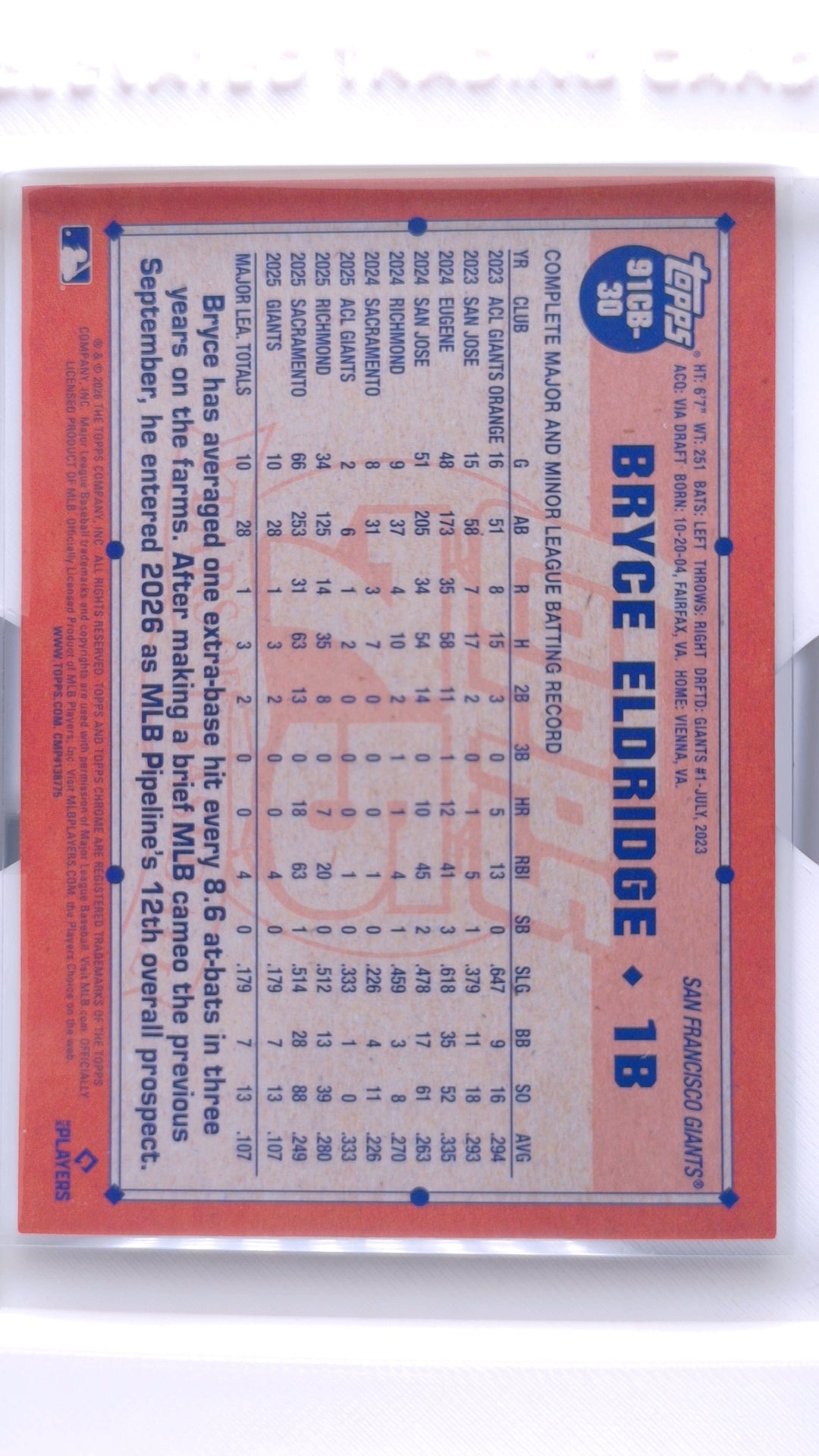 #91CB-30 Bryce Eldridge Rookie 1991 Topps Baseball - back