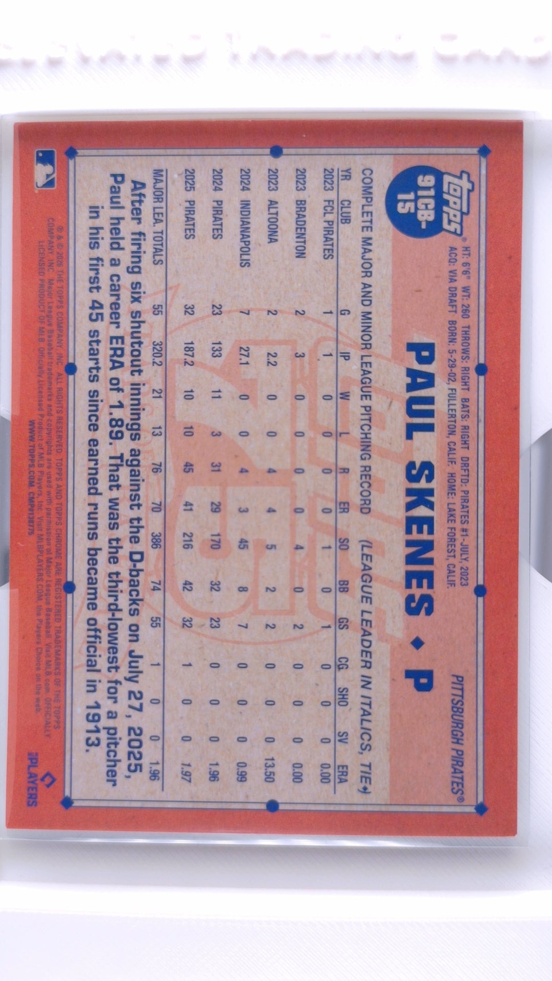 #91CB-15 Paul Skenes 1991 Topps Baseball - back