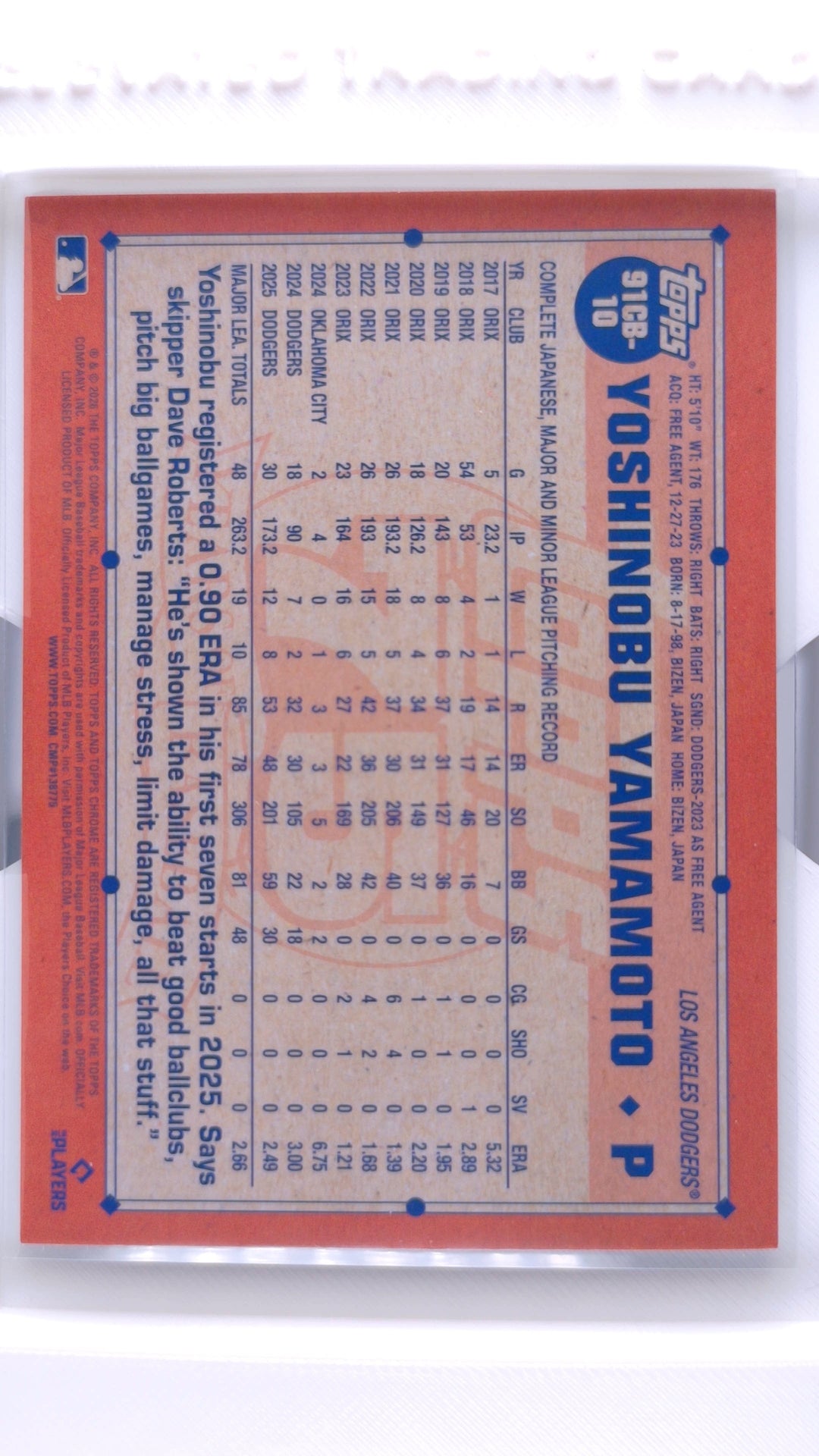 #91CB-10 Yoshinobu Yamamoto 1991 Topps Baseball - back