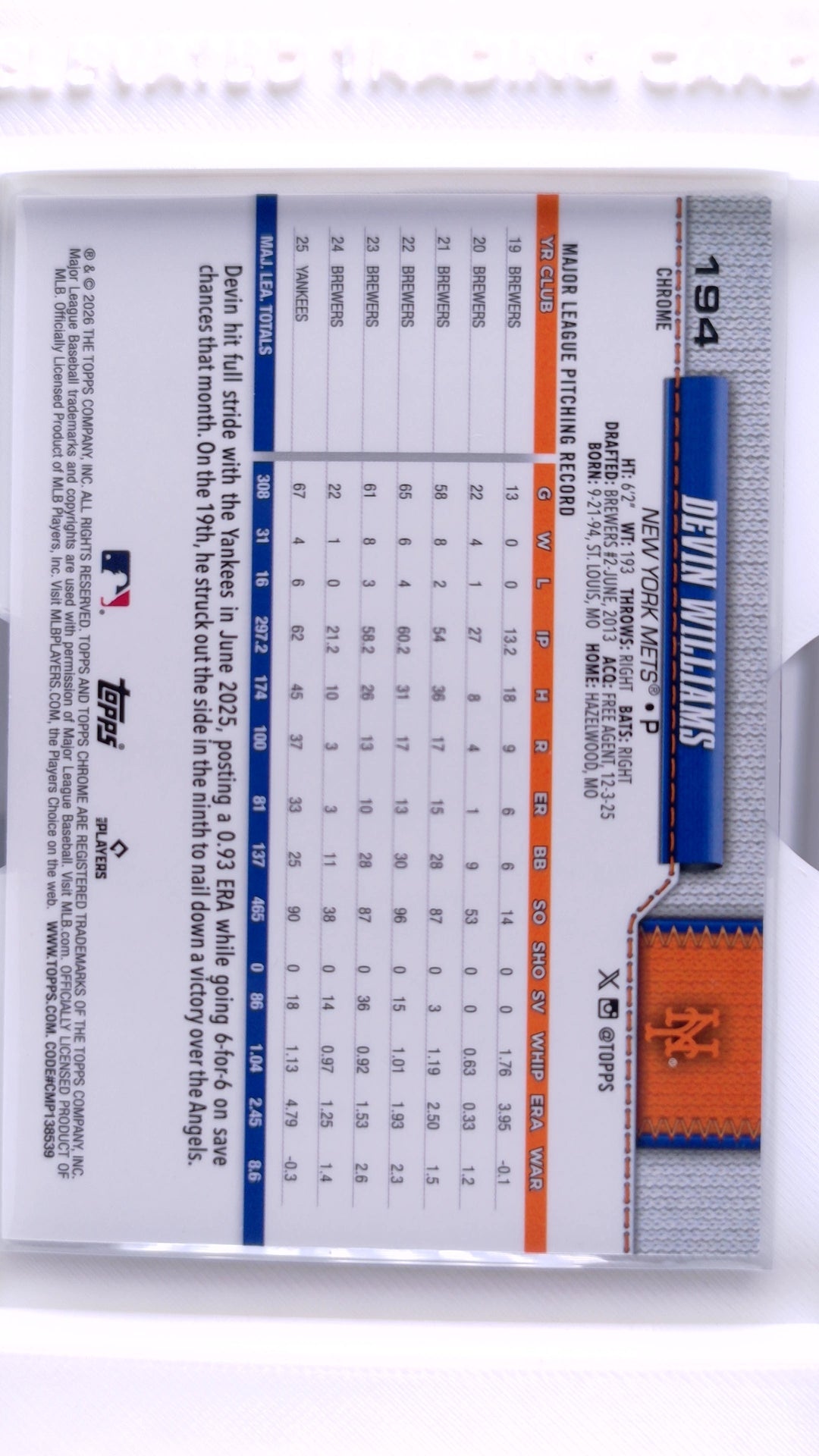 #194 Devin Williams - back