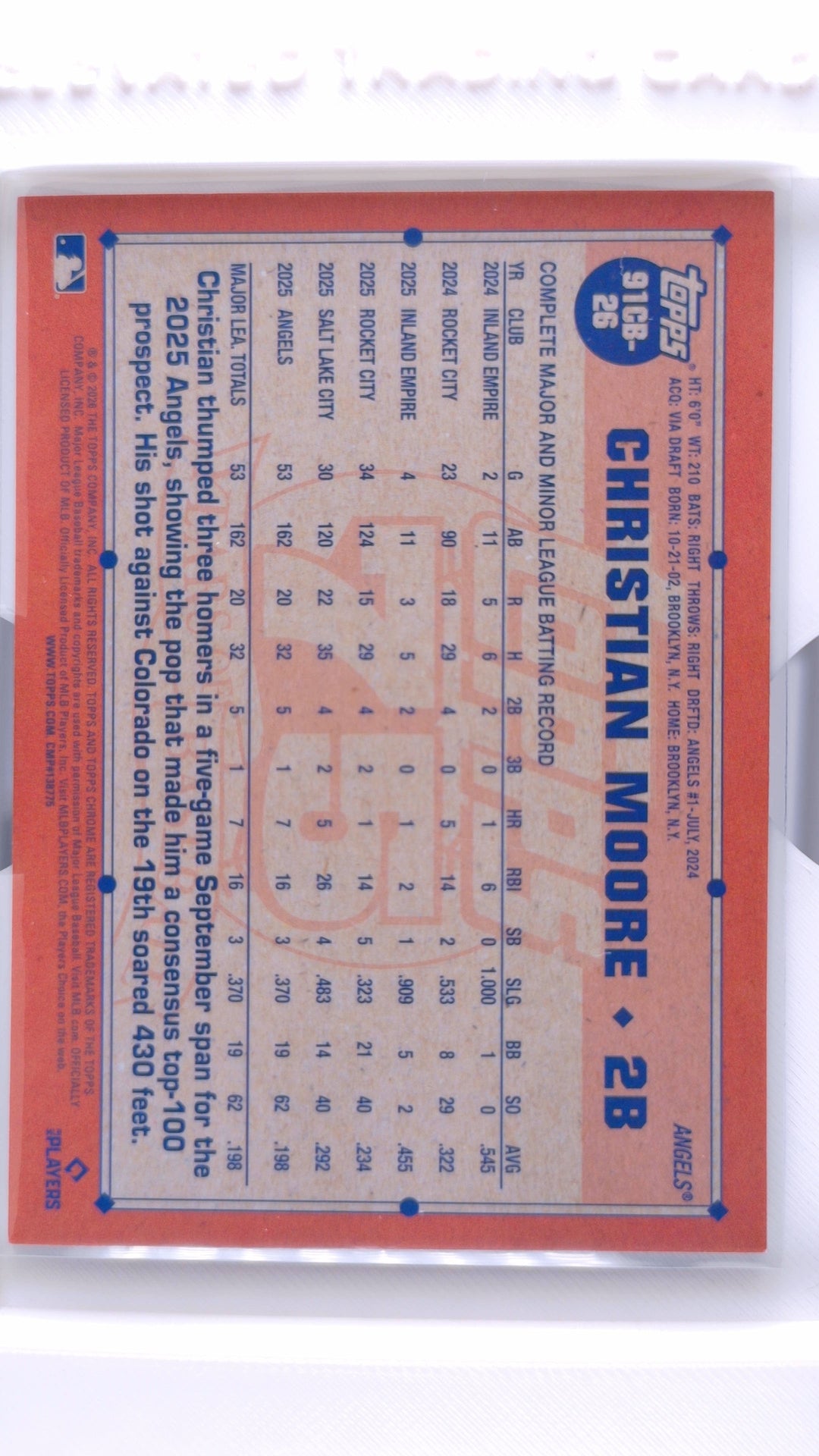 #91CB-26 Christian Moore Rookie 1991 Topps Baseball - back