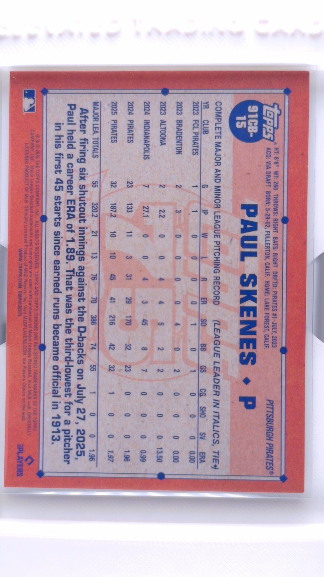 #91CB-15 Paul Skenes 1991 Topps Baseball - back