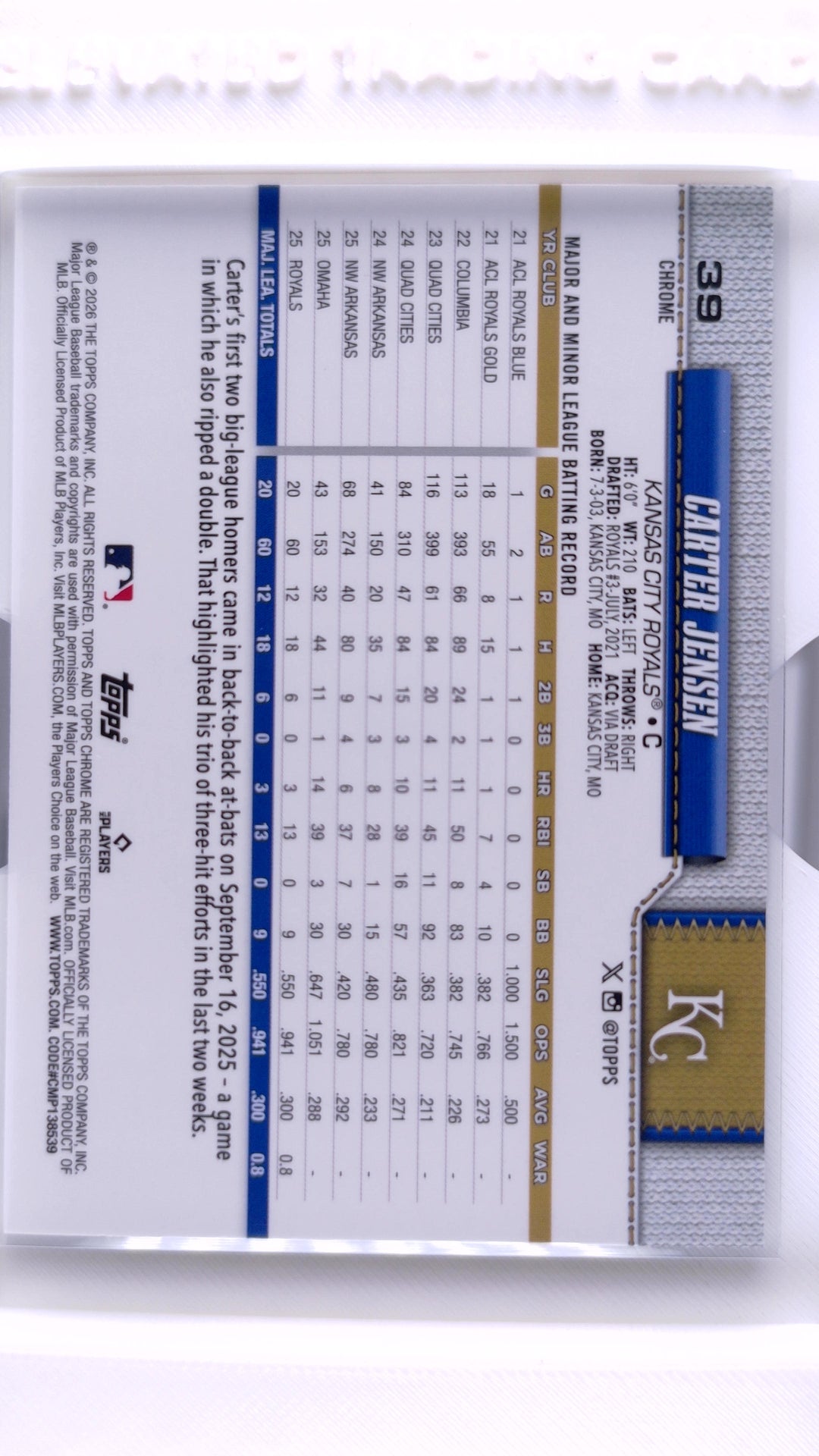#39 Carter Jensen Rookie - back