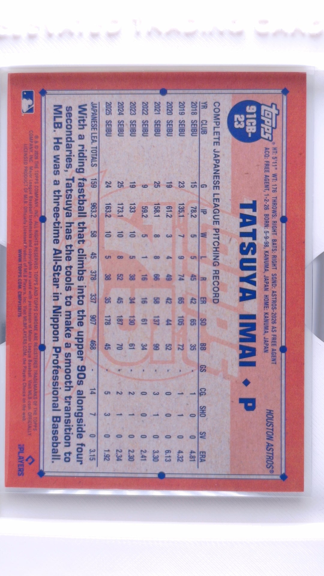 #91CB-23 Tatsuya Imai Rookie 1991 Topps Baseball - back