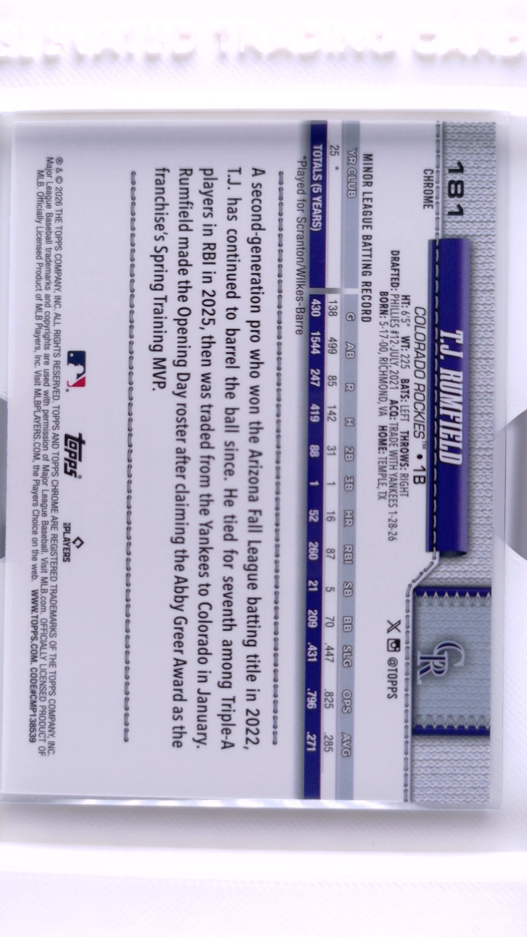 #181 T.J. Rumfield Rookie - back