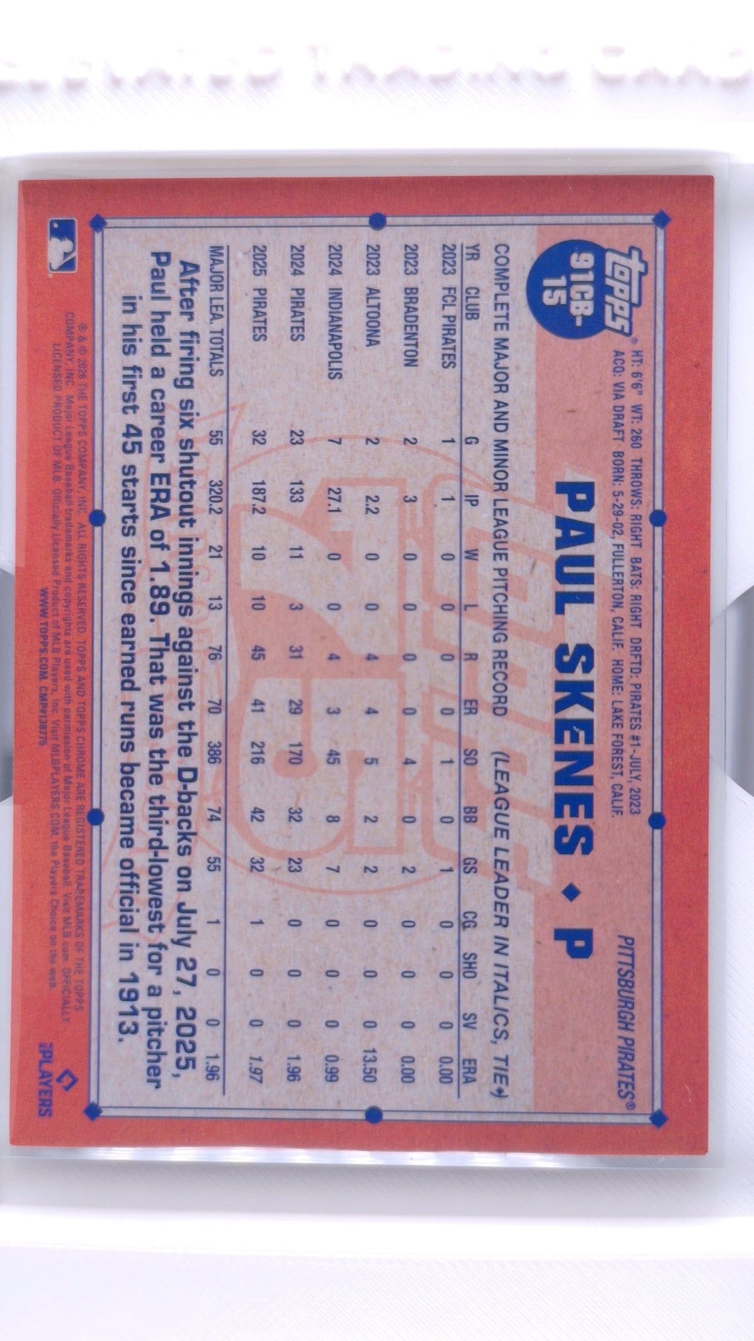 #91CB-15 Paul Skenes 1991 Topps Baseball - back