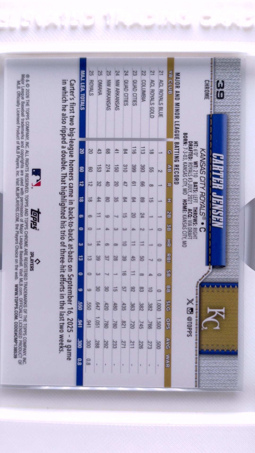 #39 Carter Jensen Rookie - back