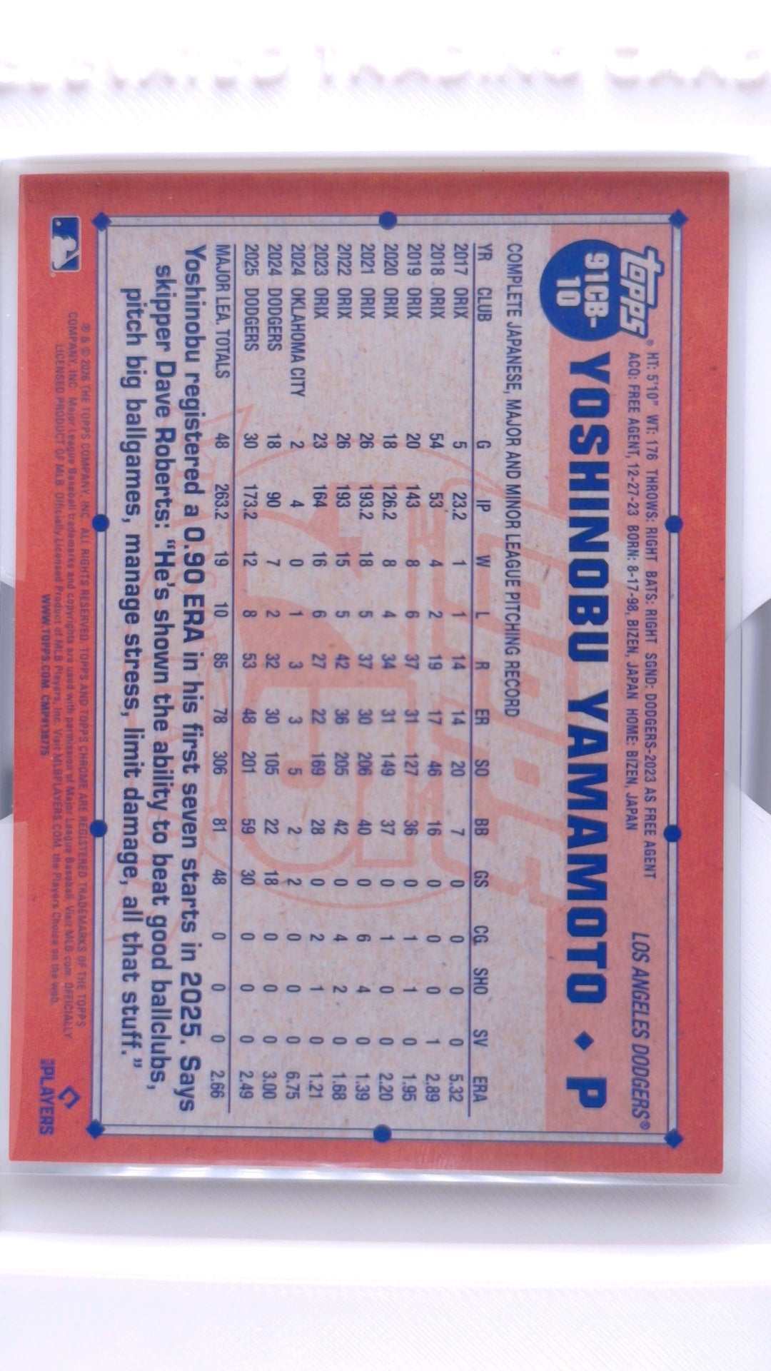 #91CB-10 Yoshinobu Yamamoto 1991 Topps Baseball - back