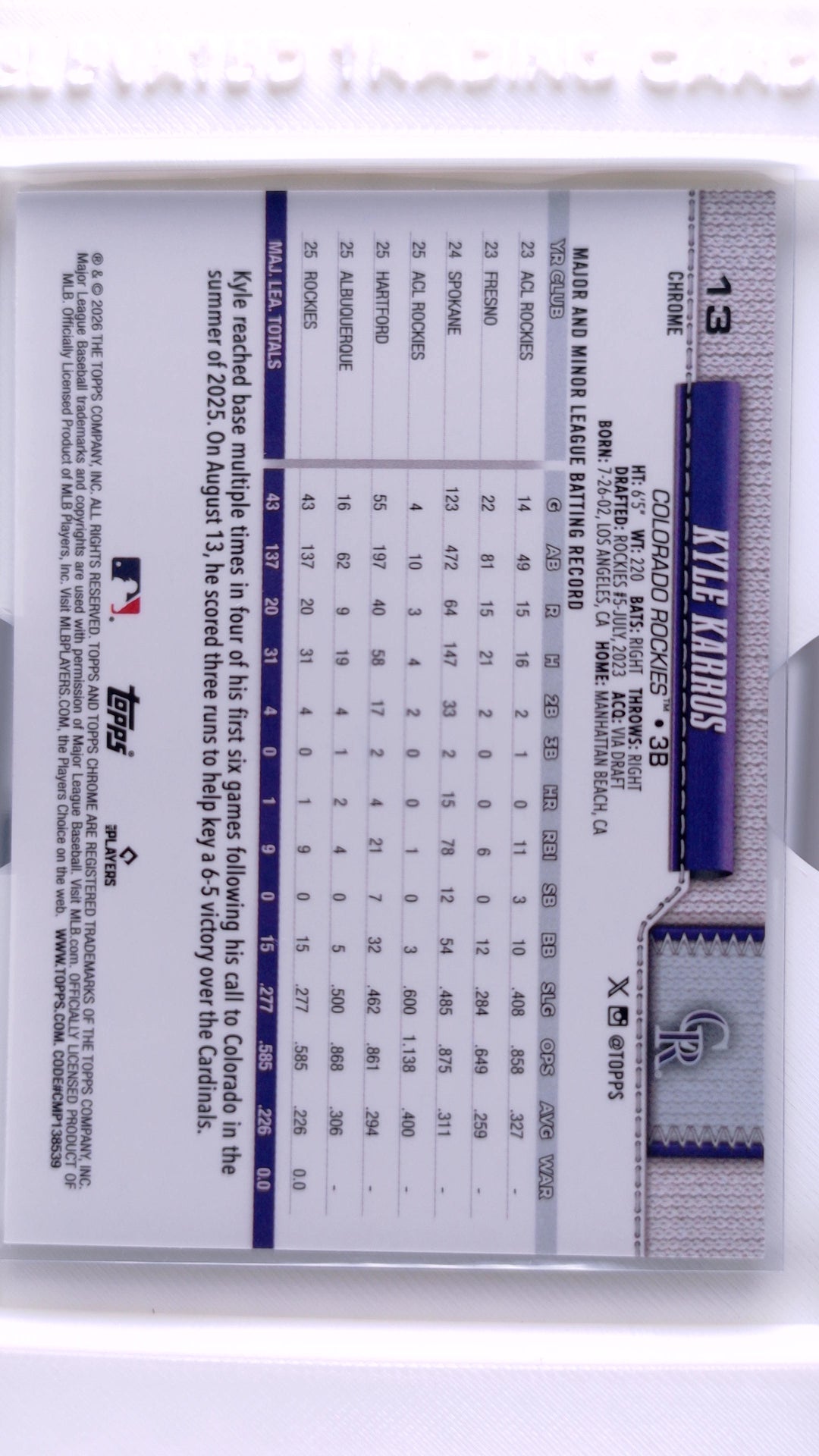 #13 Kyle Karros Rookie - back