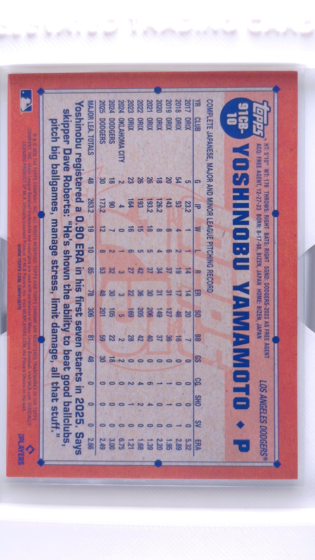 #91CB-10 Yoshinobu Yamamoto 1991 Topps Baseball - back