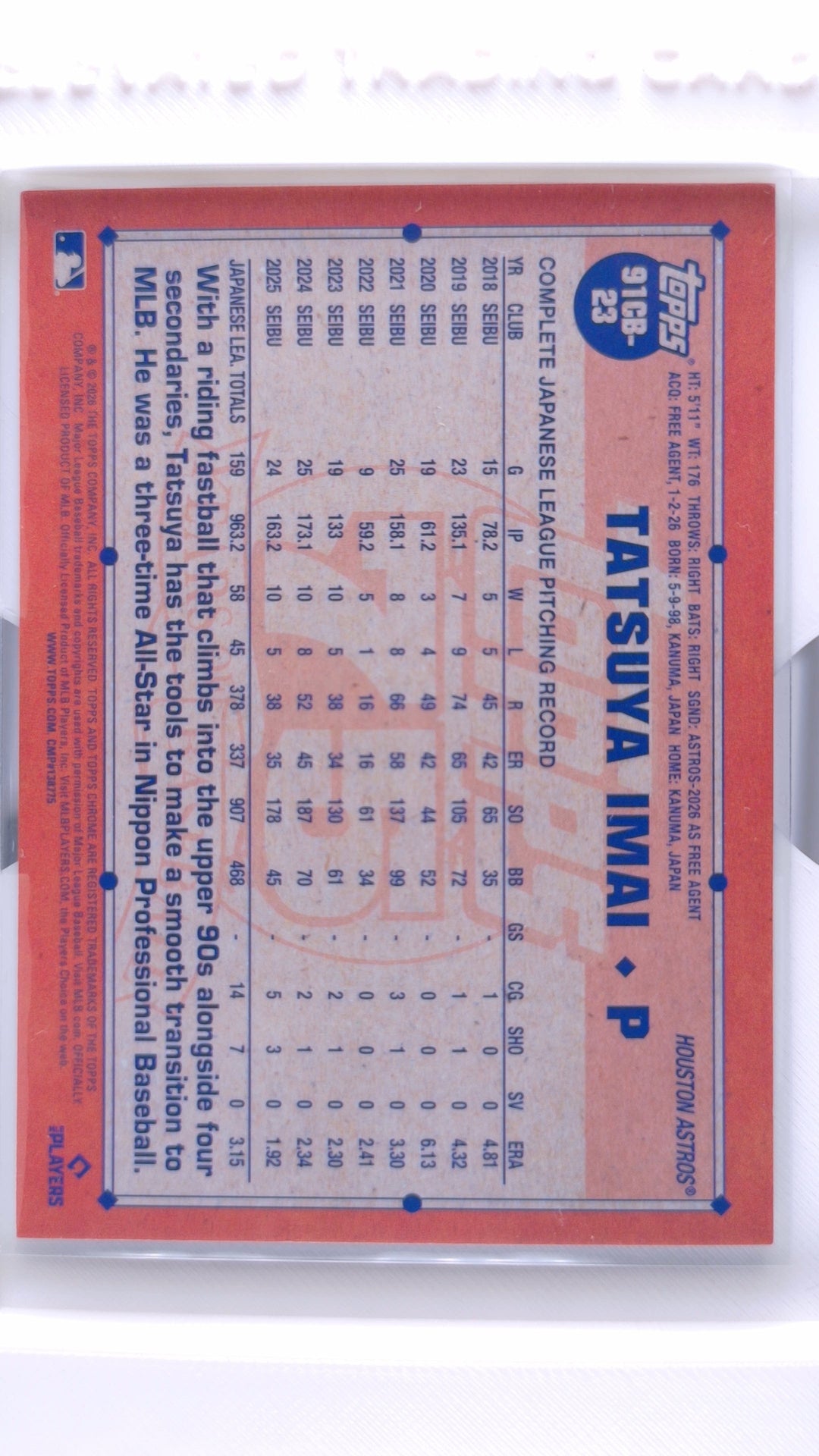 #91CB-23 Tatsuya Imai Rookie 1991 Topps Baseball - back