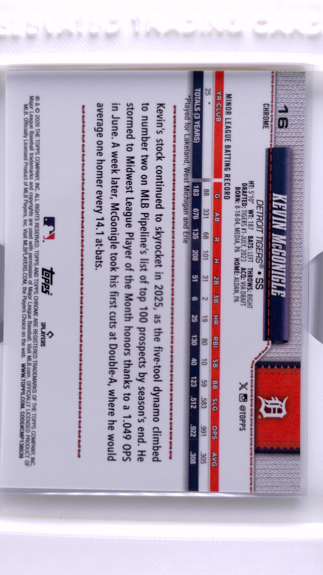 #16 Kevin McGonigle Rookie - back