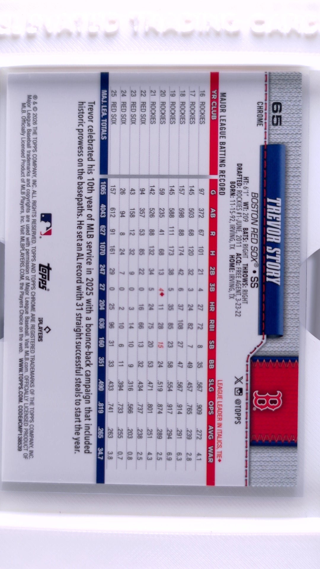 #65 Trevor Story - back
