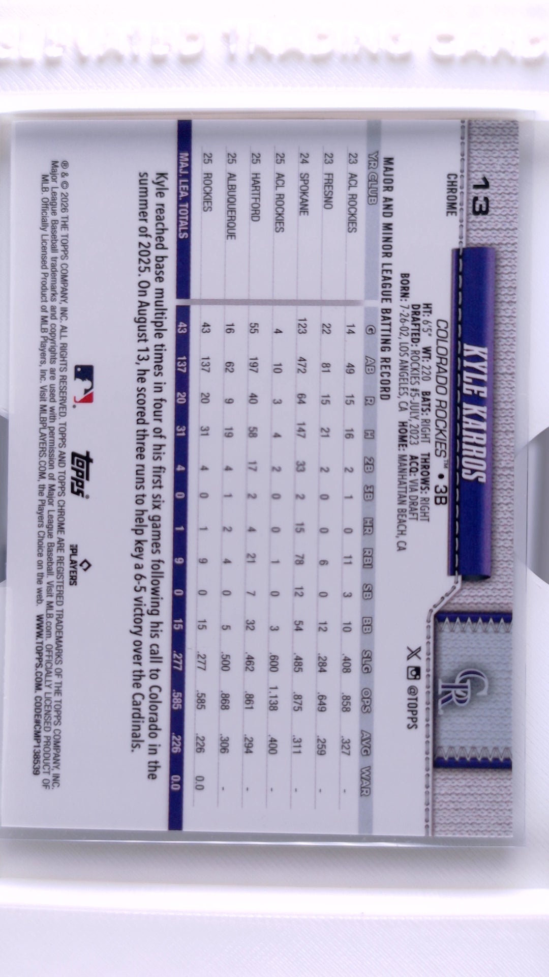 #13 Kyle Karros Rookie - back