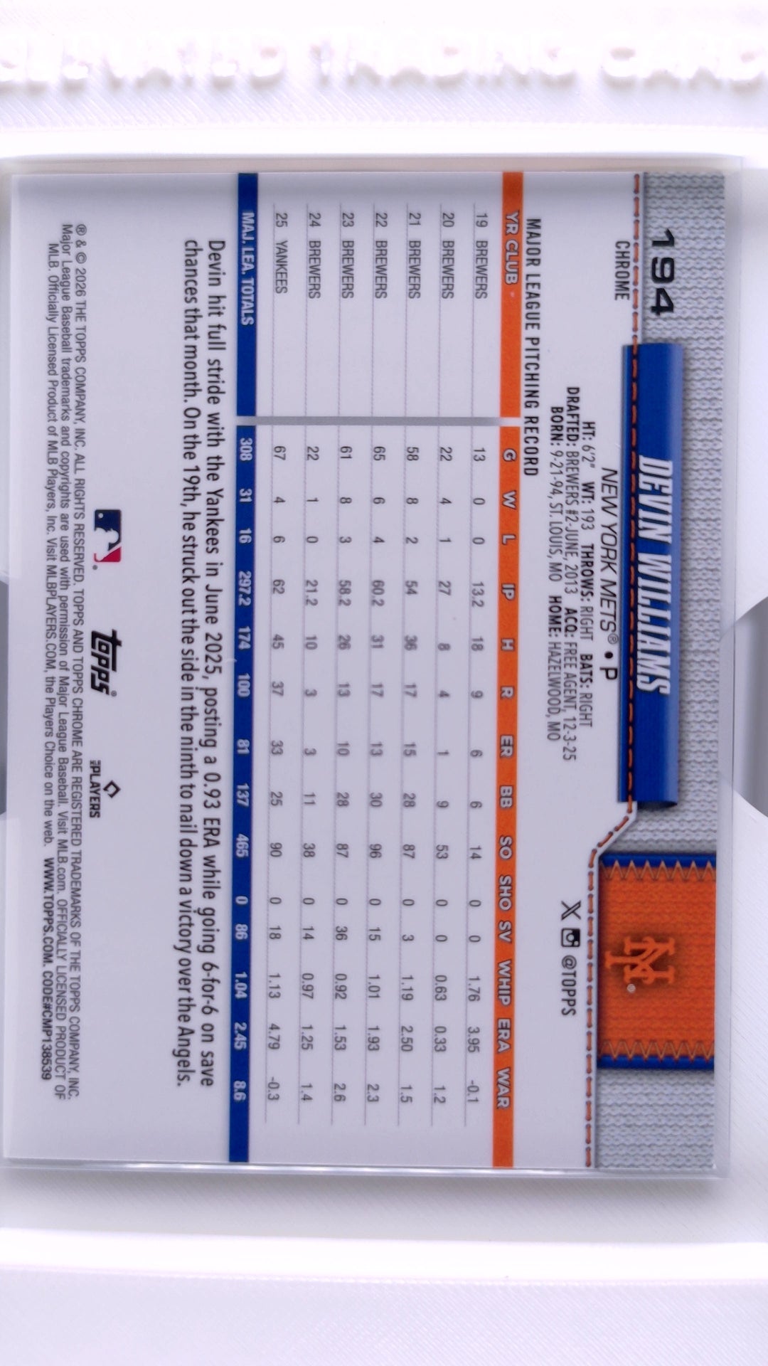 #194 Devin Williams - back