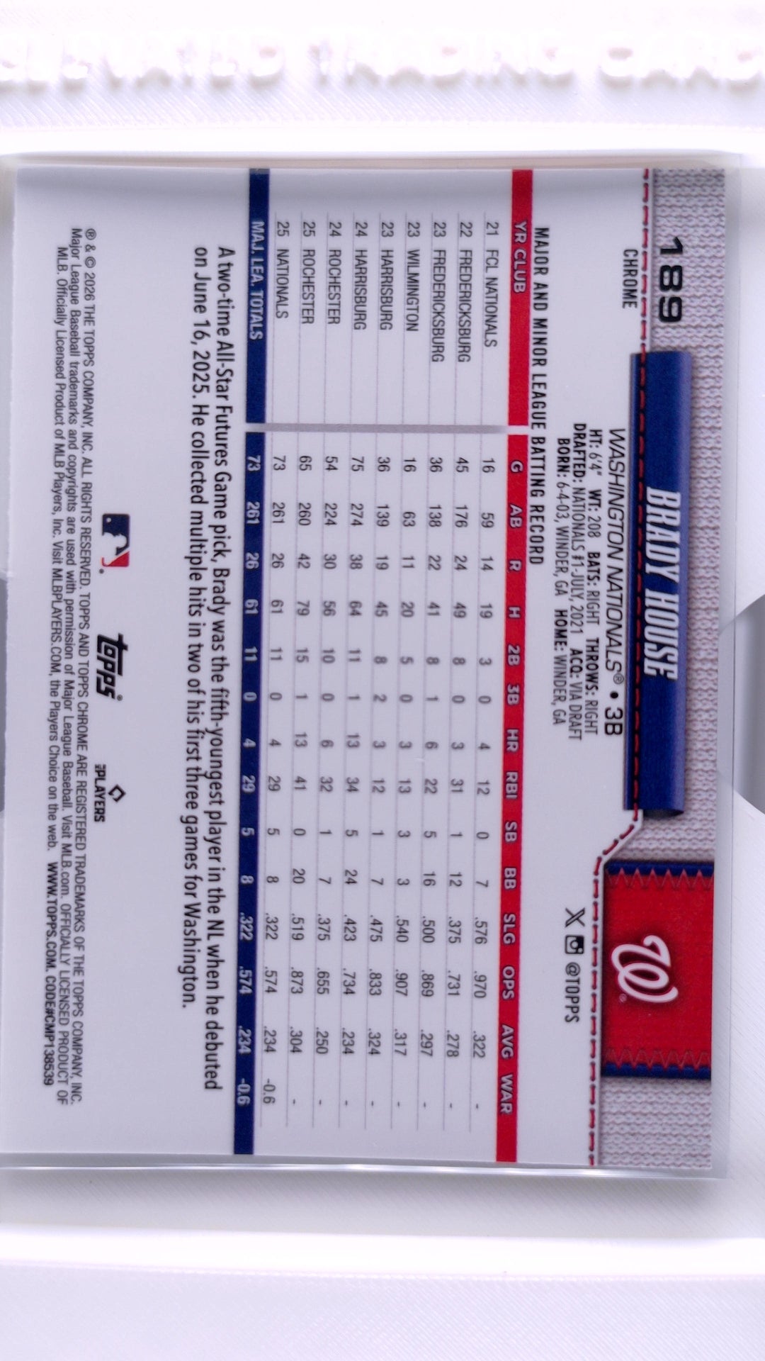 #189 Brady House Rookie - back