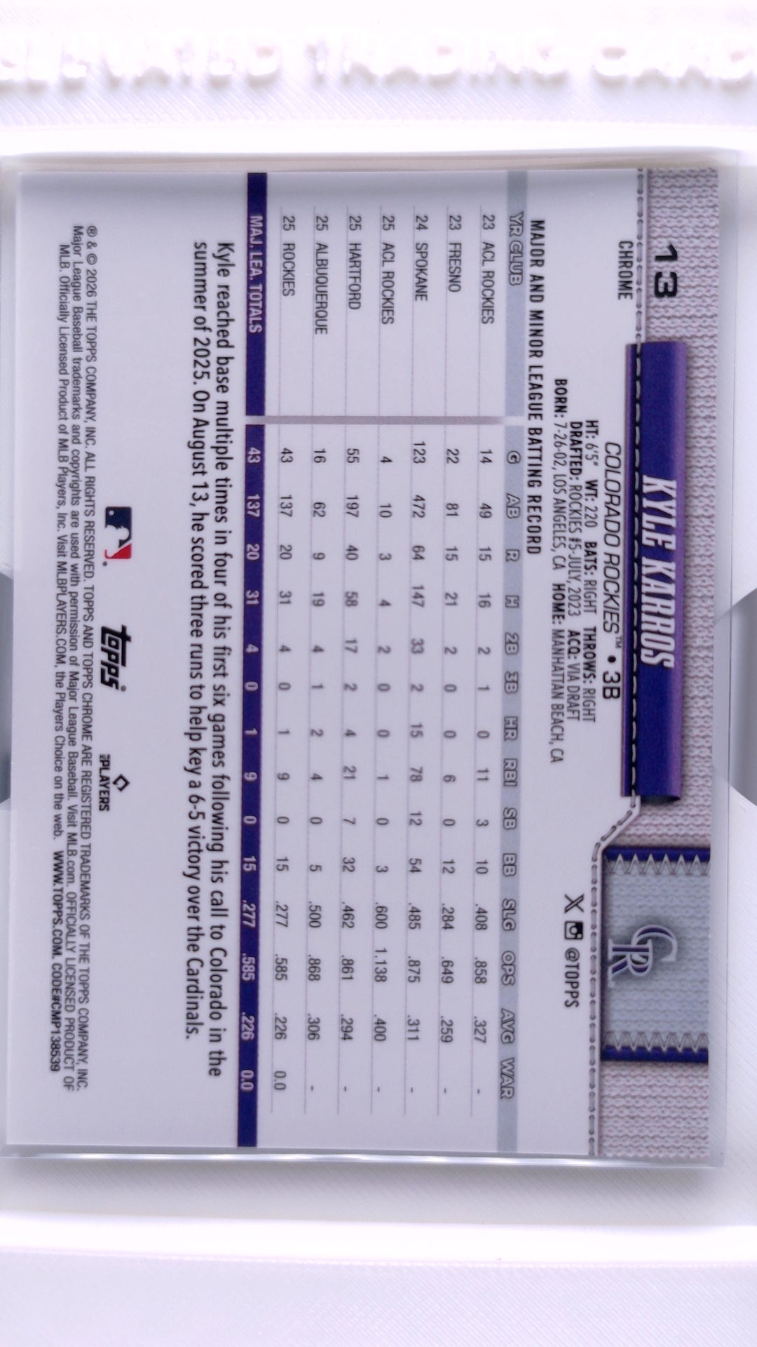 #13 Kyle Karros Rookie - back