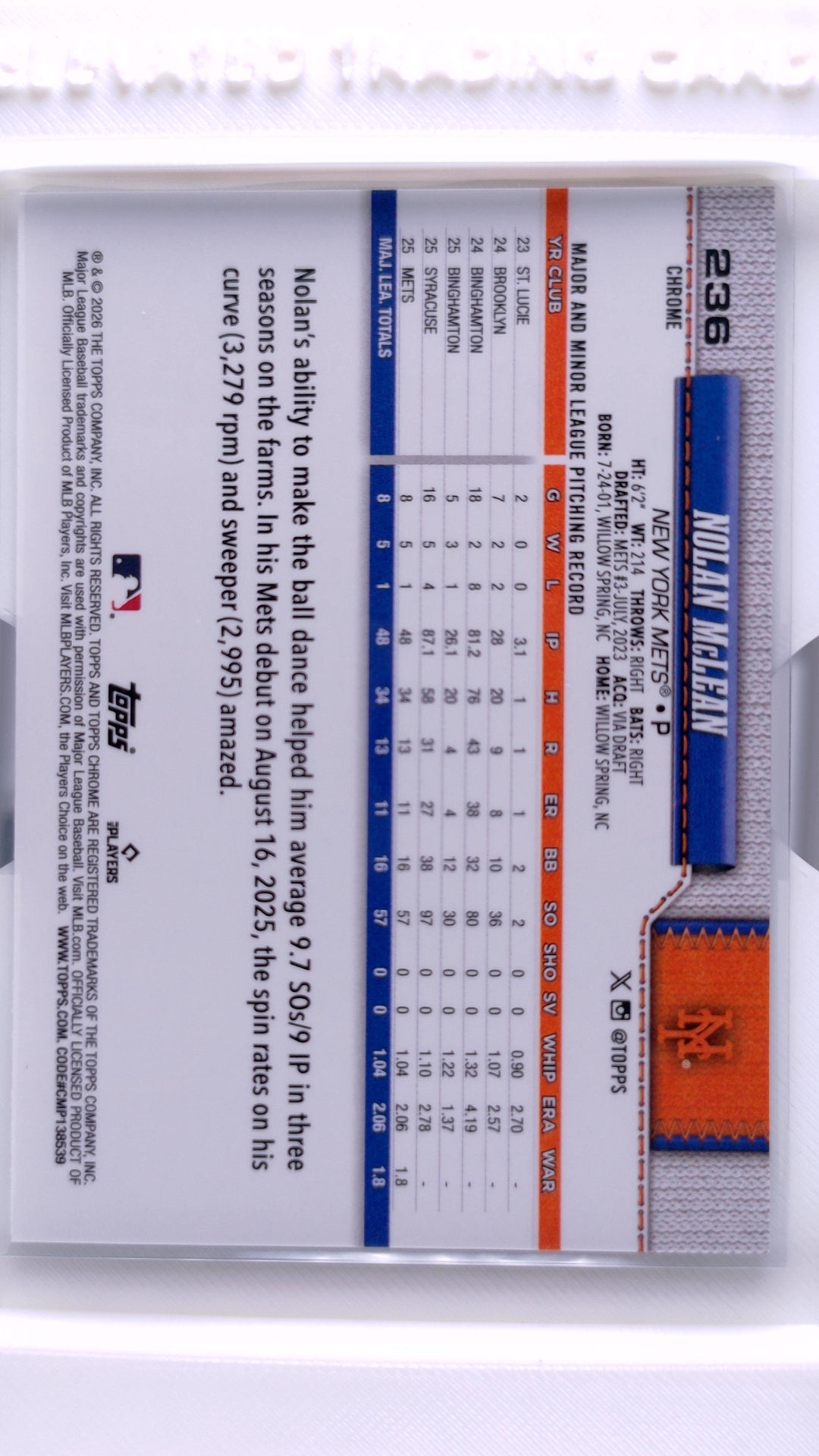 #236 Nolan McLean Rookie - back