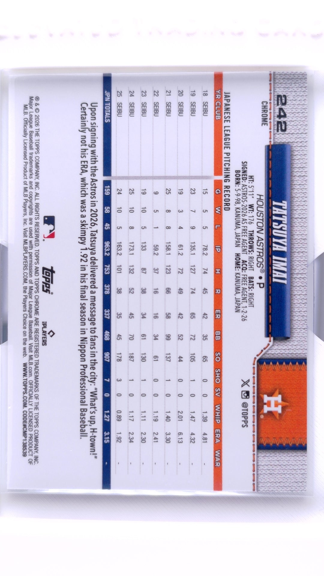 #242 Tatsuya Imai Rookie Wave Refractor - back