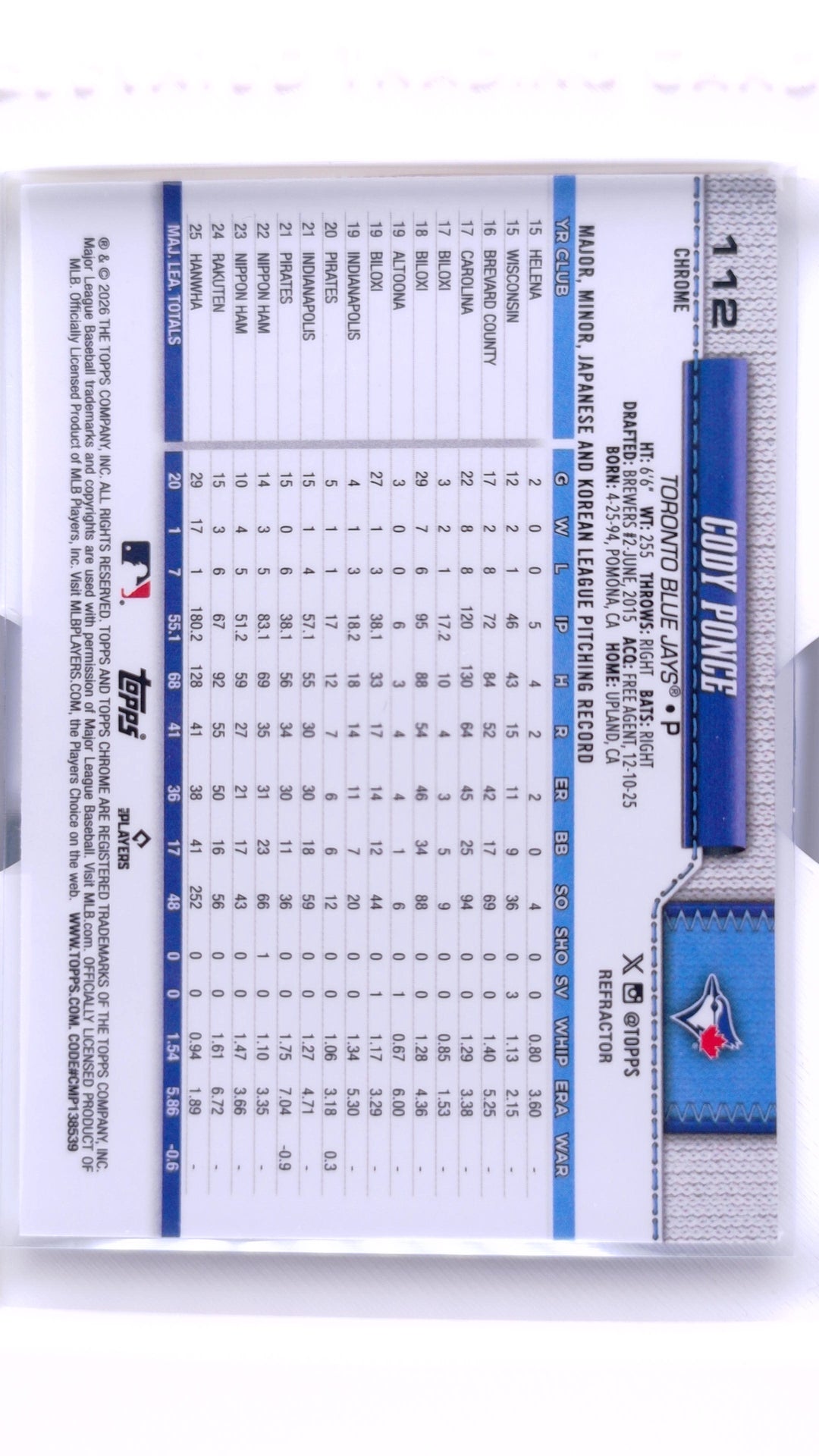#112 Cody Ponce Rookie Refractor - back