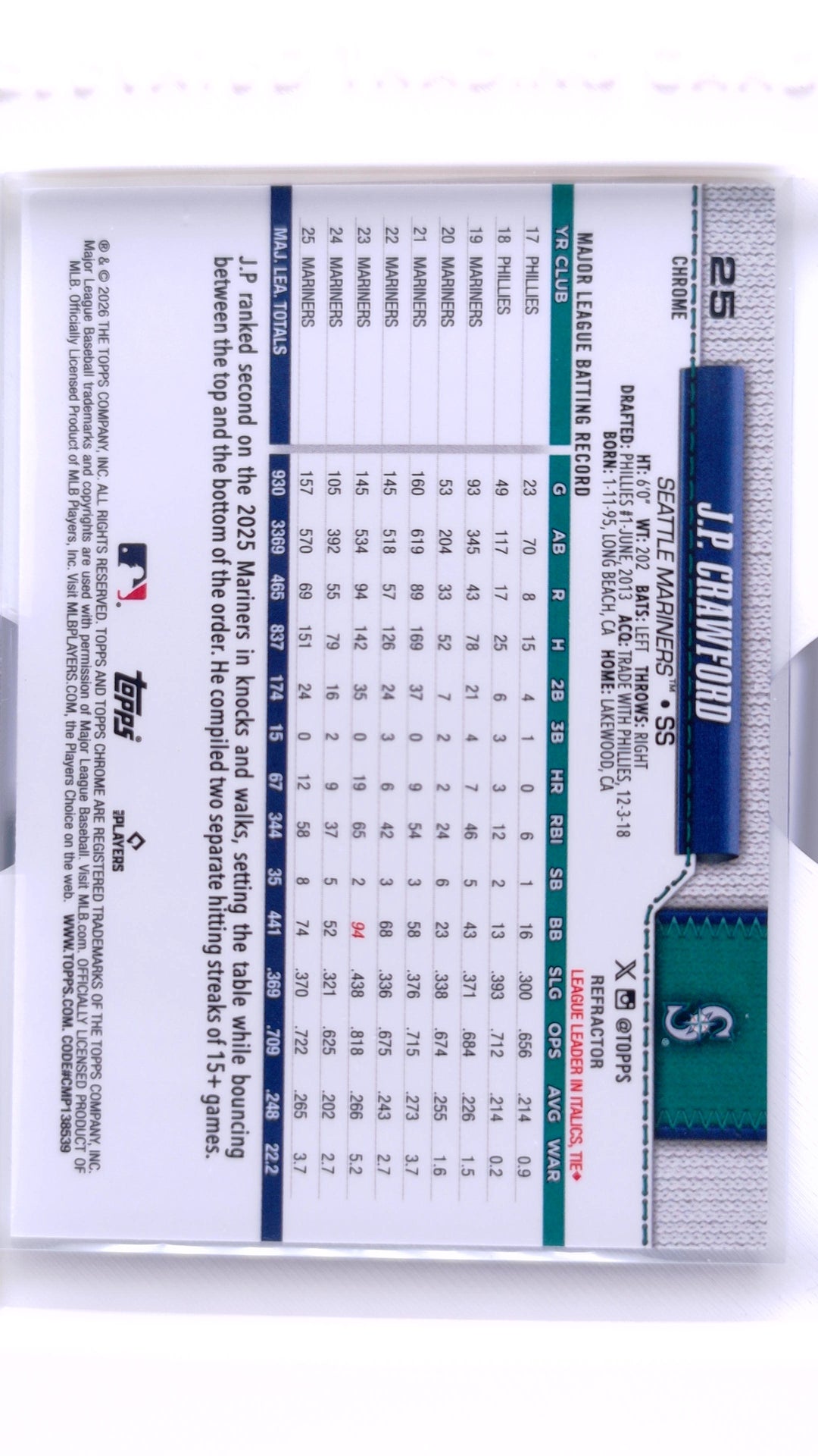 #25 J.P. Crawford Refractor - back