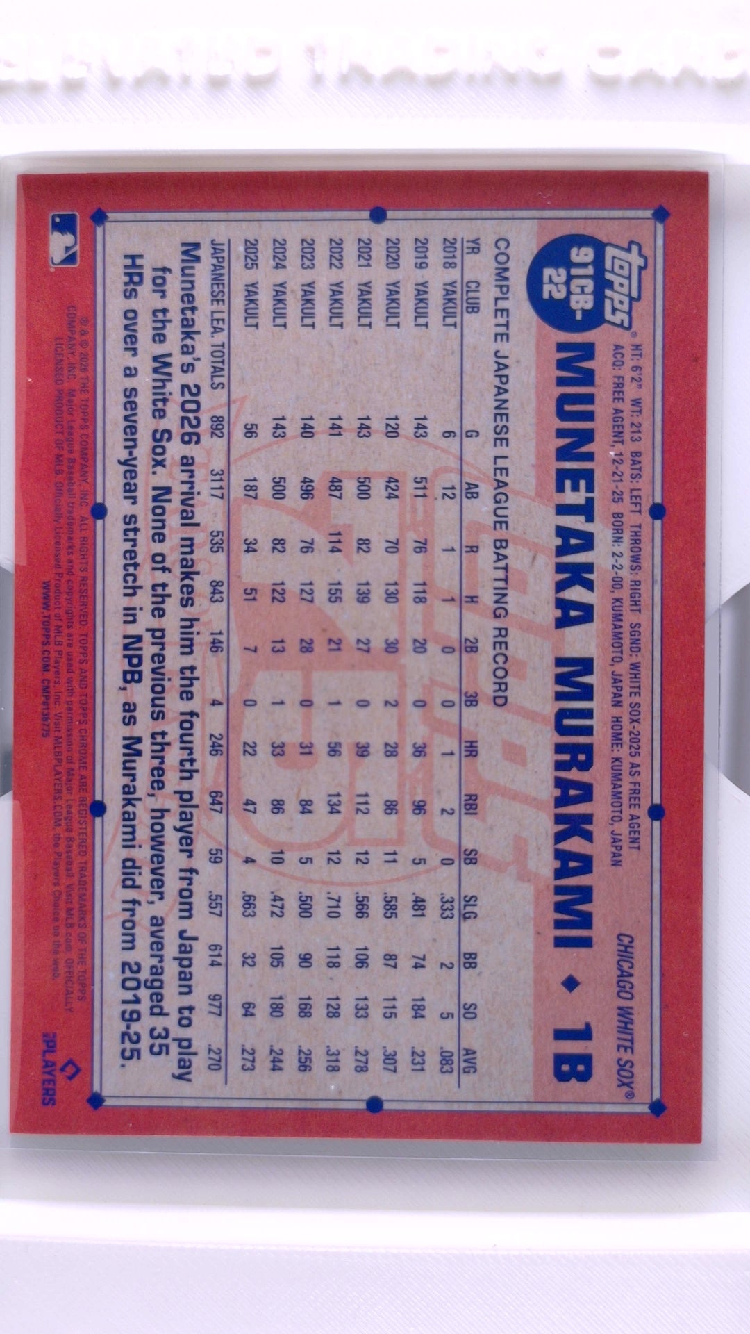 #91CB-22 Munetaka Murakami Rookie 1991 Topps Baseball - back