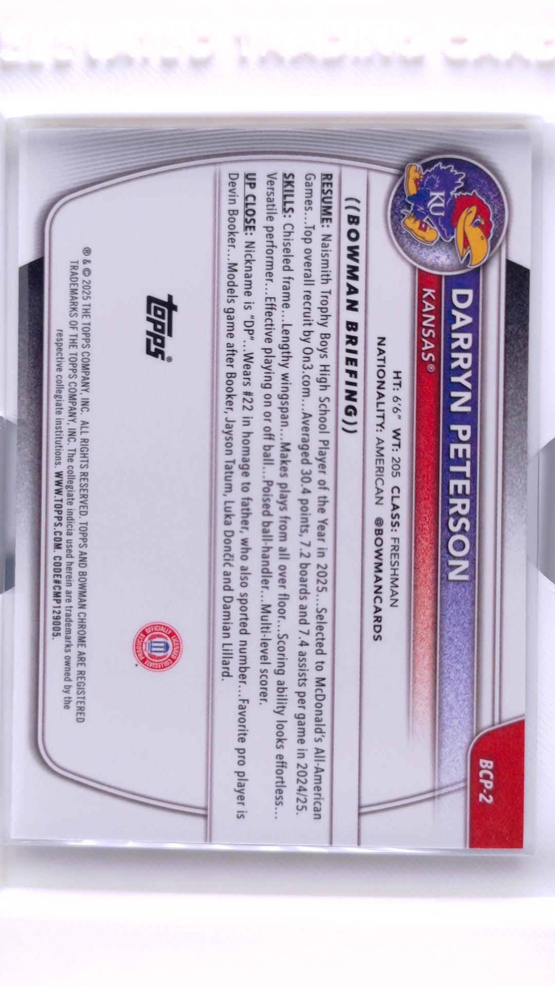 #BCP-2 Darryn Peterson Chrome Prospects - back