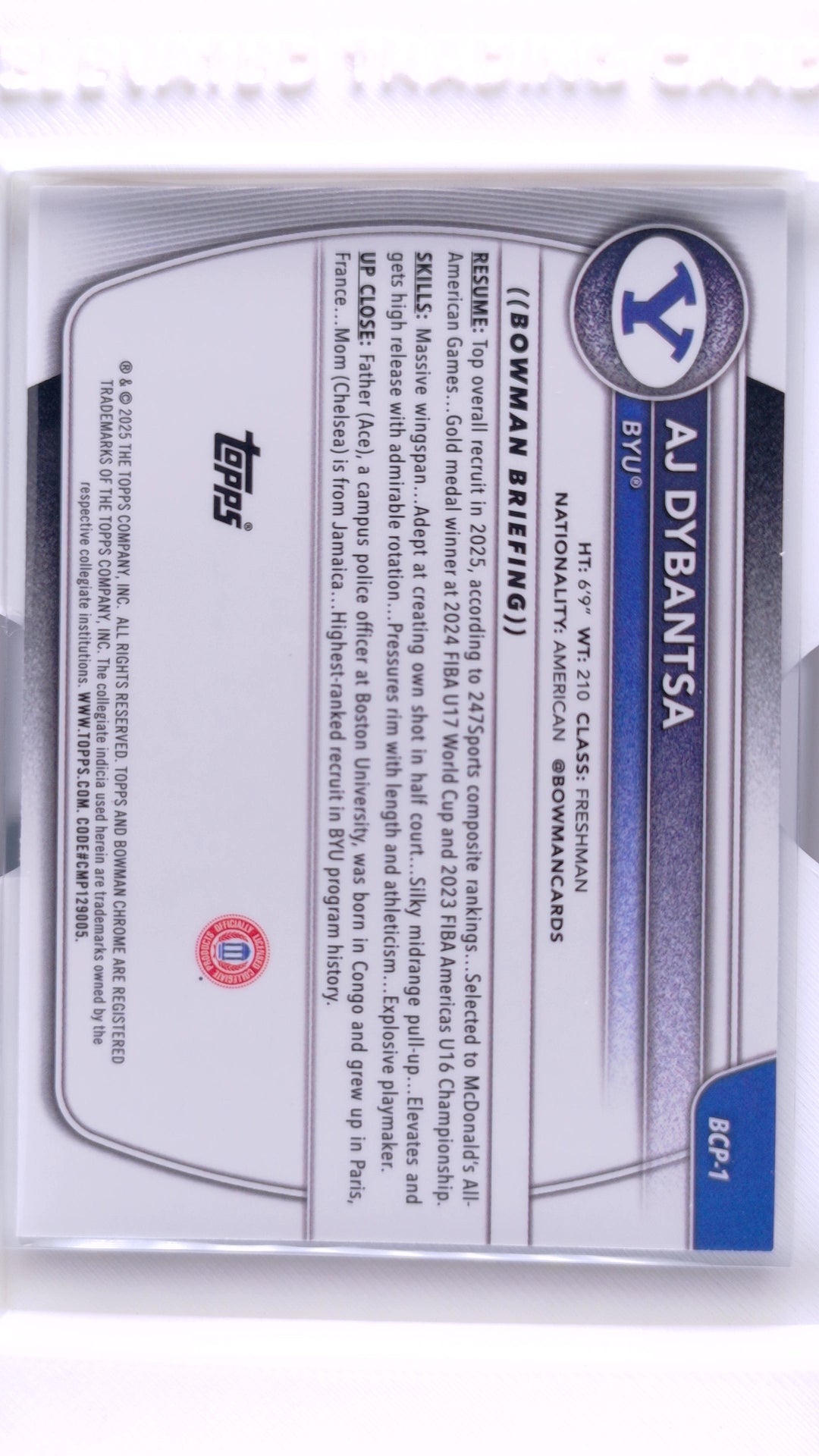 #BCP-1 AJ Dybantsa Chrome Prospects - back