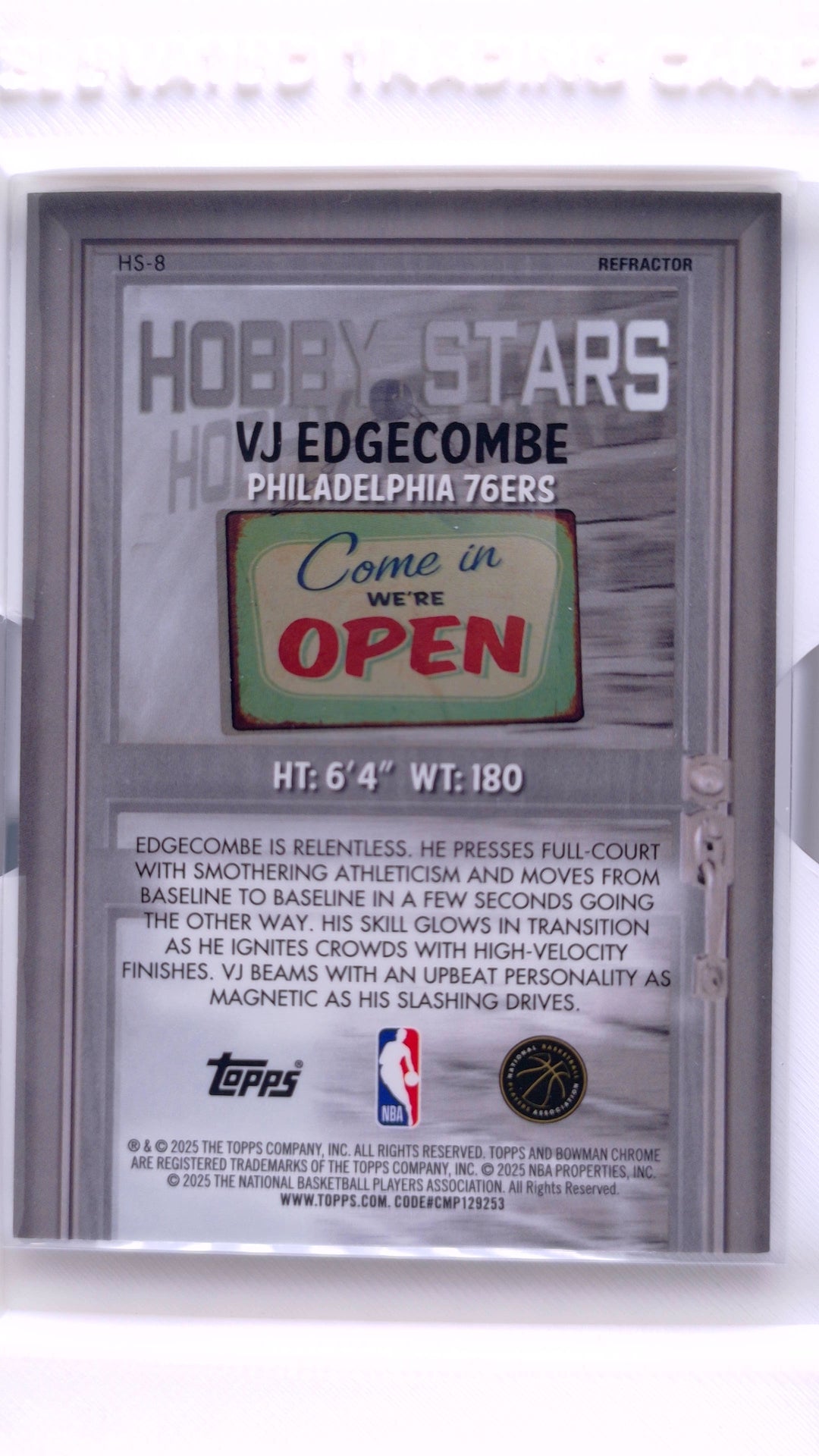 #HS-8 VJ Edgecombe Rookie Hobby Stars Refractor - back