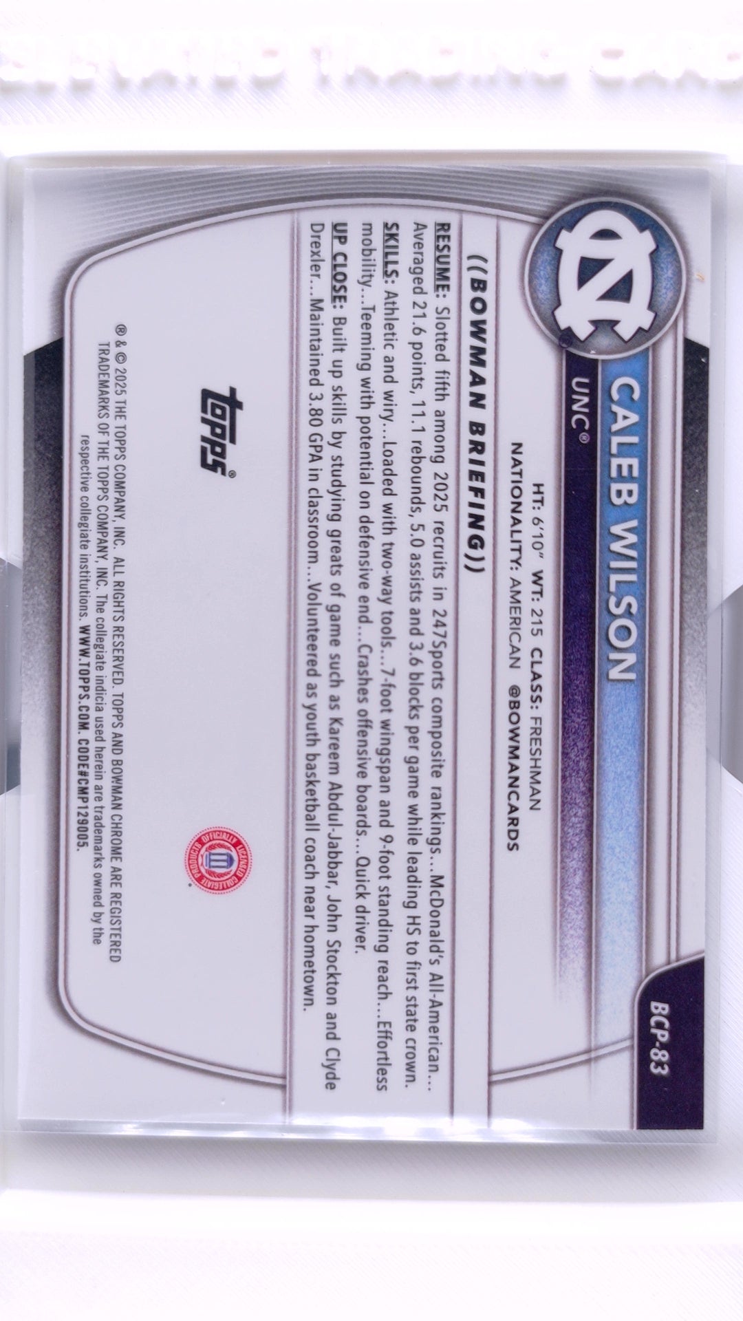 #BCP-83 Caleb Wilson Chrome Prospects - back