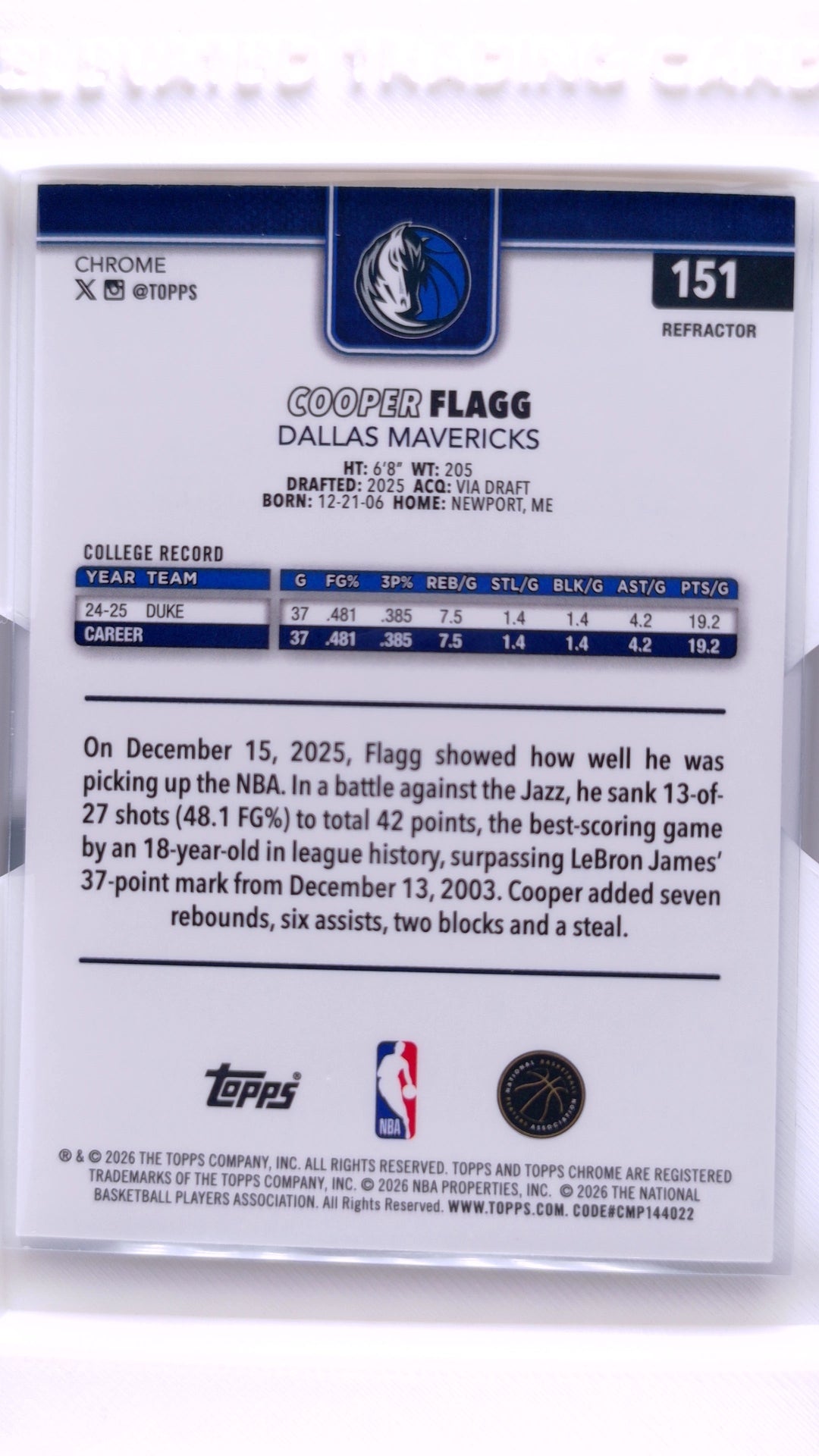 #151 Cooper Flagg Rookie Refractor - back