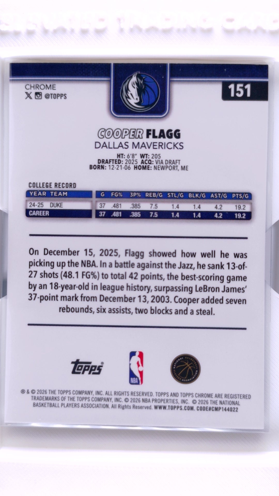 #151 Cooper Flagg Rookie RayWave Refractor - back