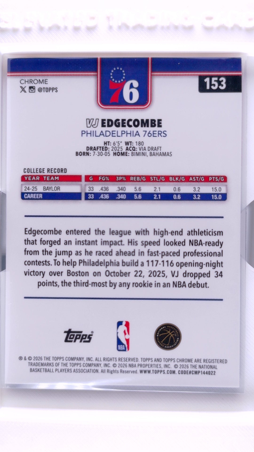 #153 VJ Edgecombe Rookie Red, White & Blue Refractor - back