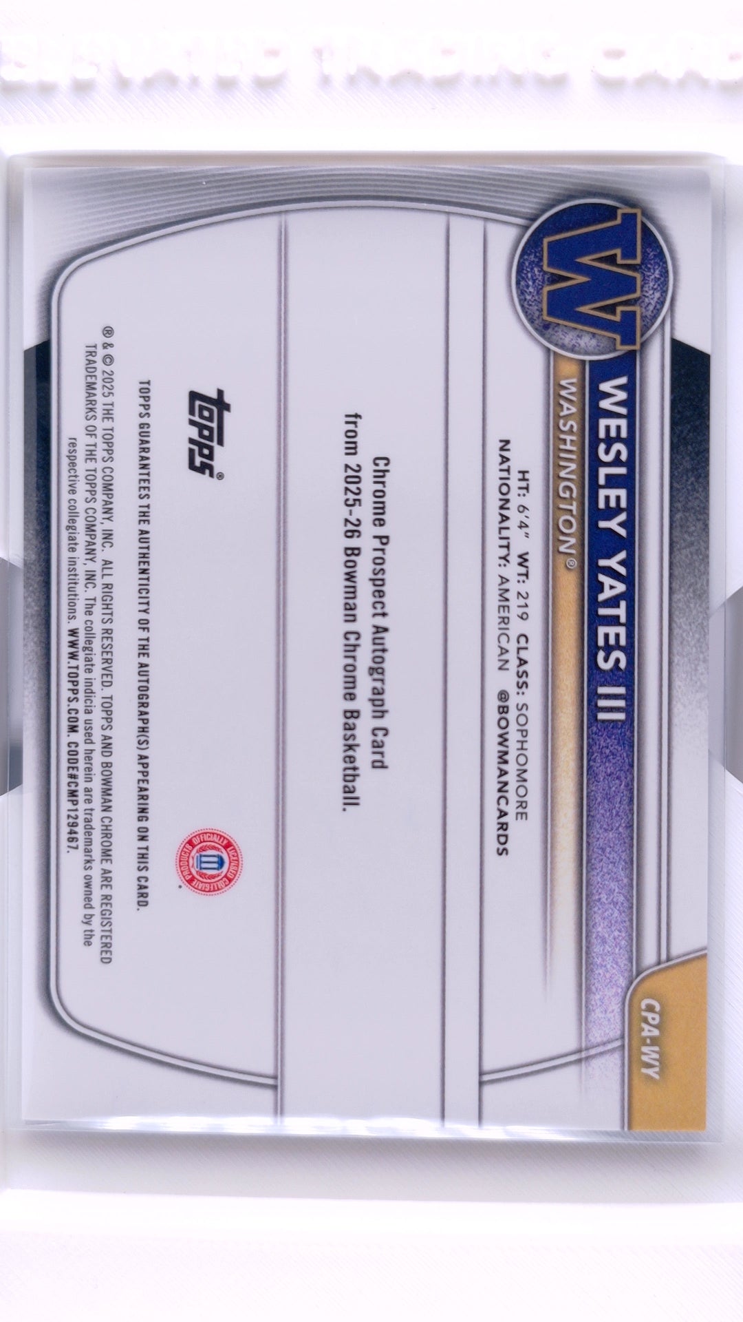 #CPA-WY Wesley Yates III Chrome Prospect Autographs Black Refractor #4/10 - back