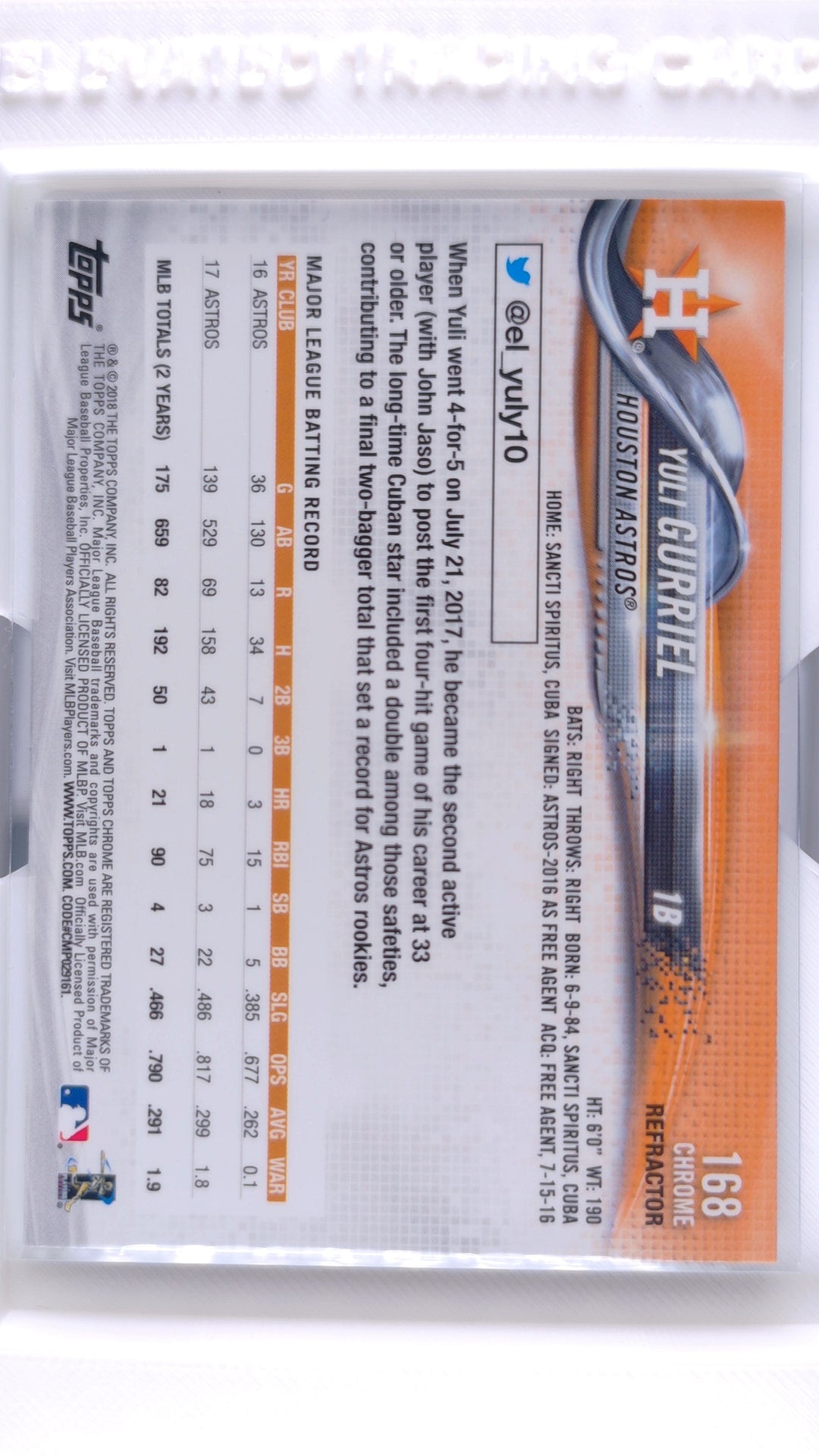 #168 Yuli Gurriel Refractor - back