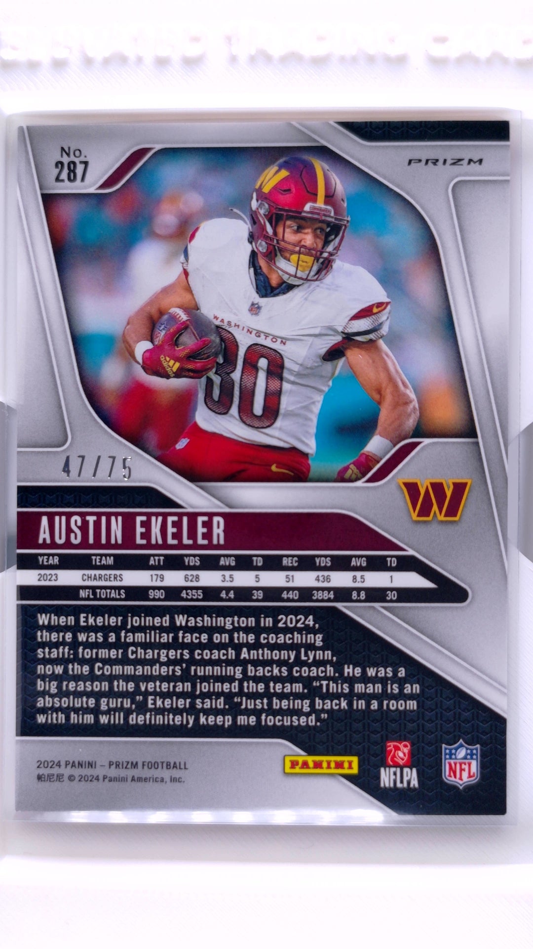 #287 Austin Ekeler No Huddle Red Prizm #47/75 - back