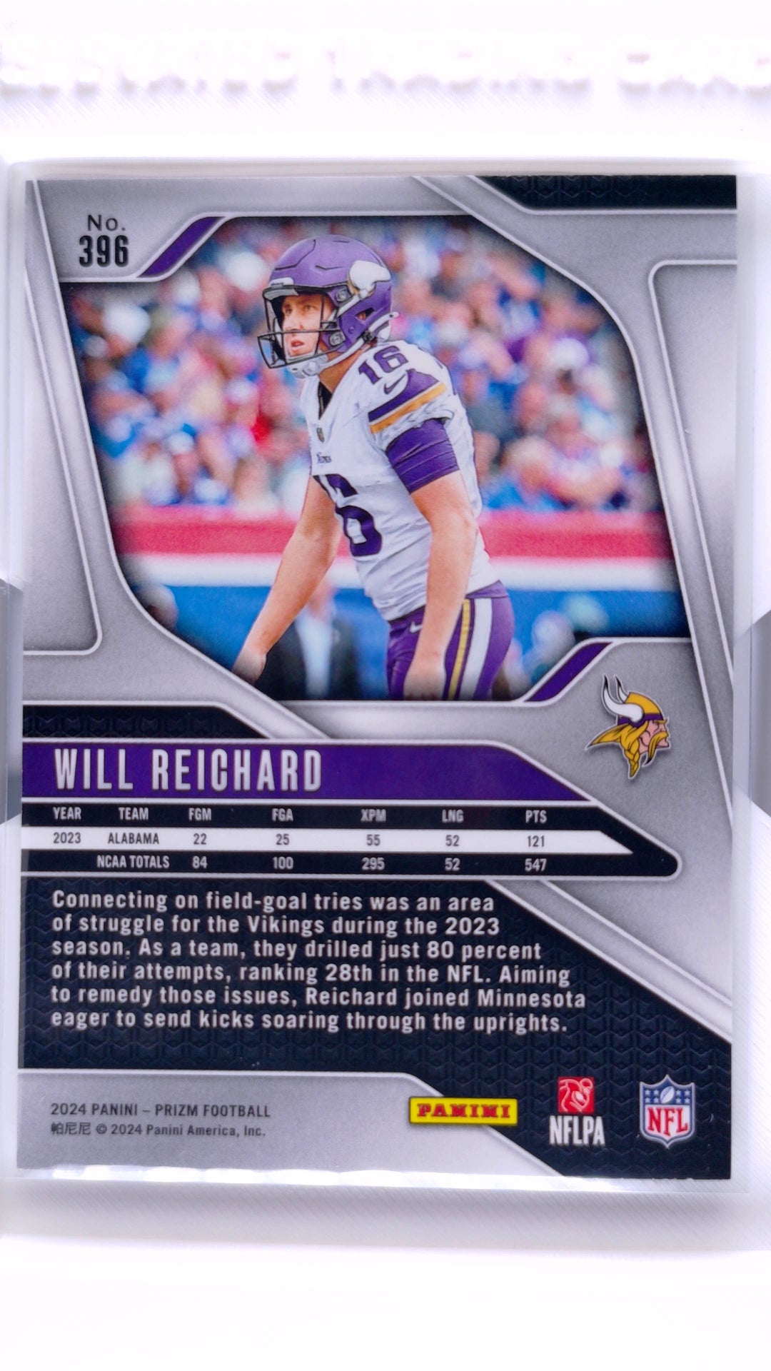 #396 Will Reichard Rookie - back