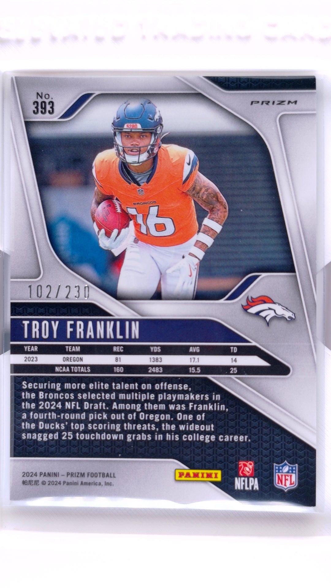 #393 Troy Franklin Rookie Blue Wave Prizm #102/230 - back
