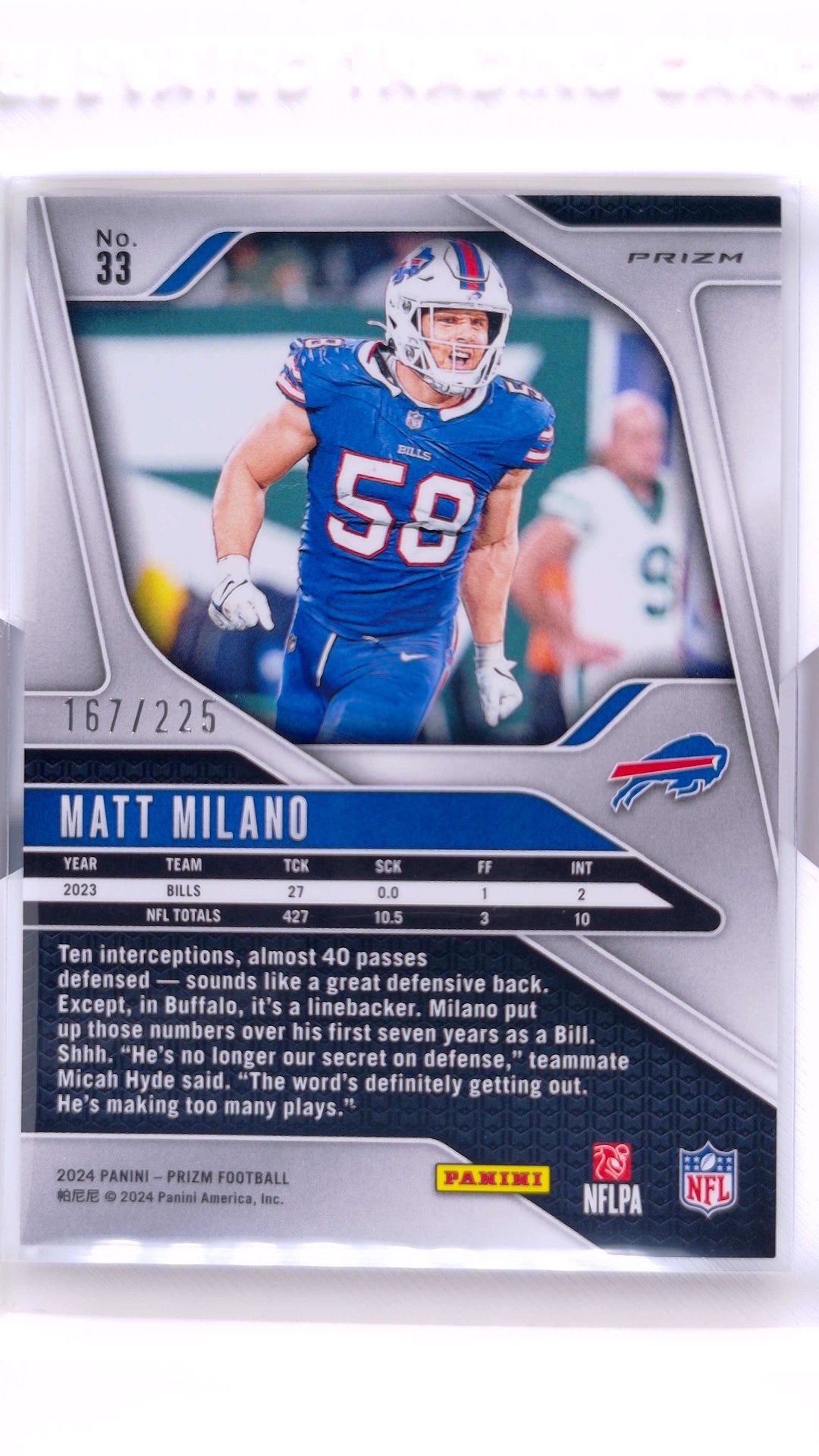 #33 Matt Milano Purple Ice Prizm #167/225 - back