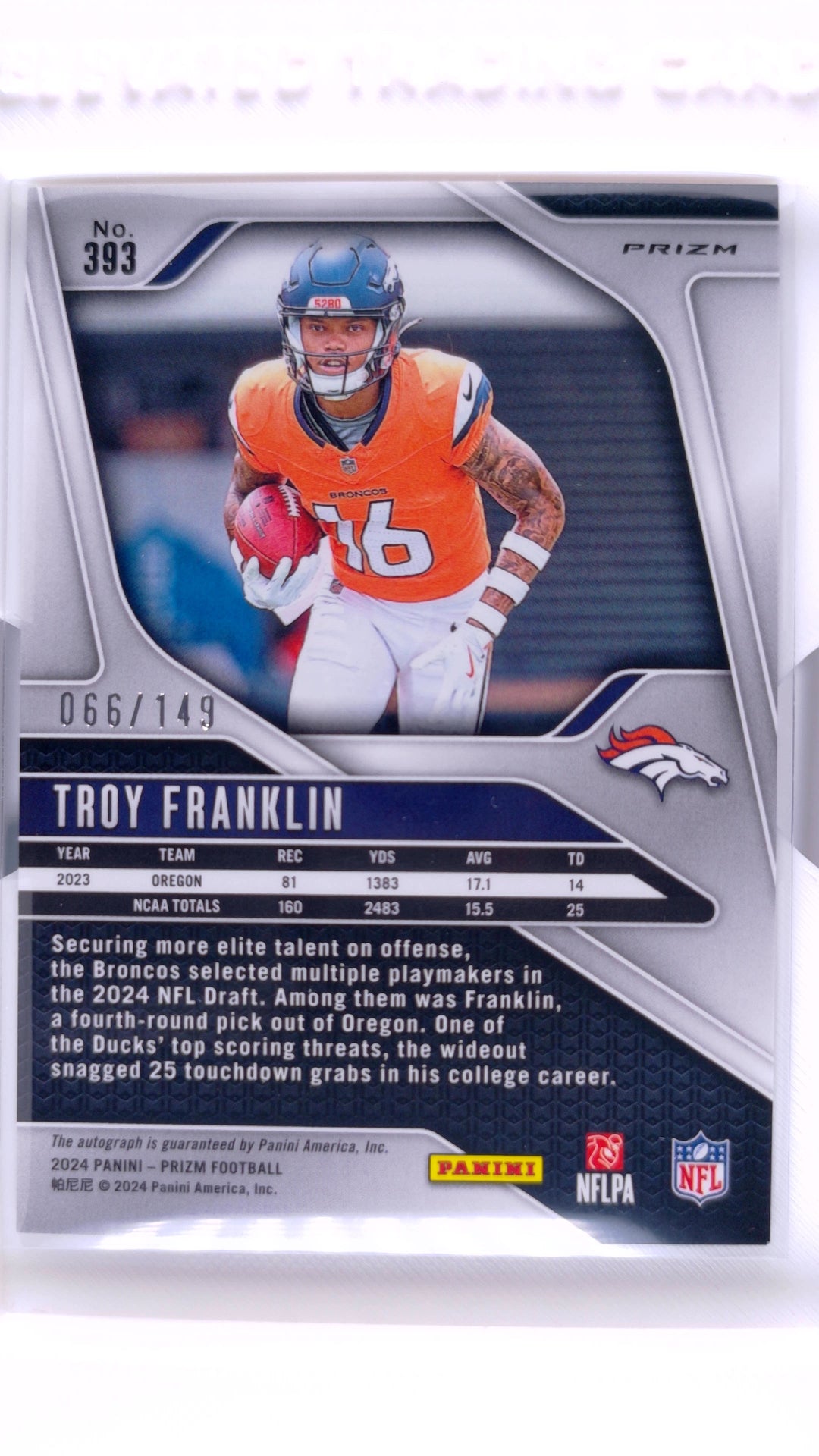 #393 Troy Franklin Rookie Rookie Autographs Prizm Red Wave #66/149 - back