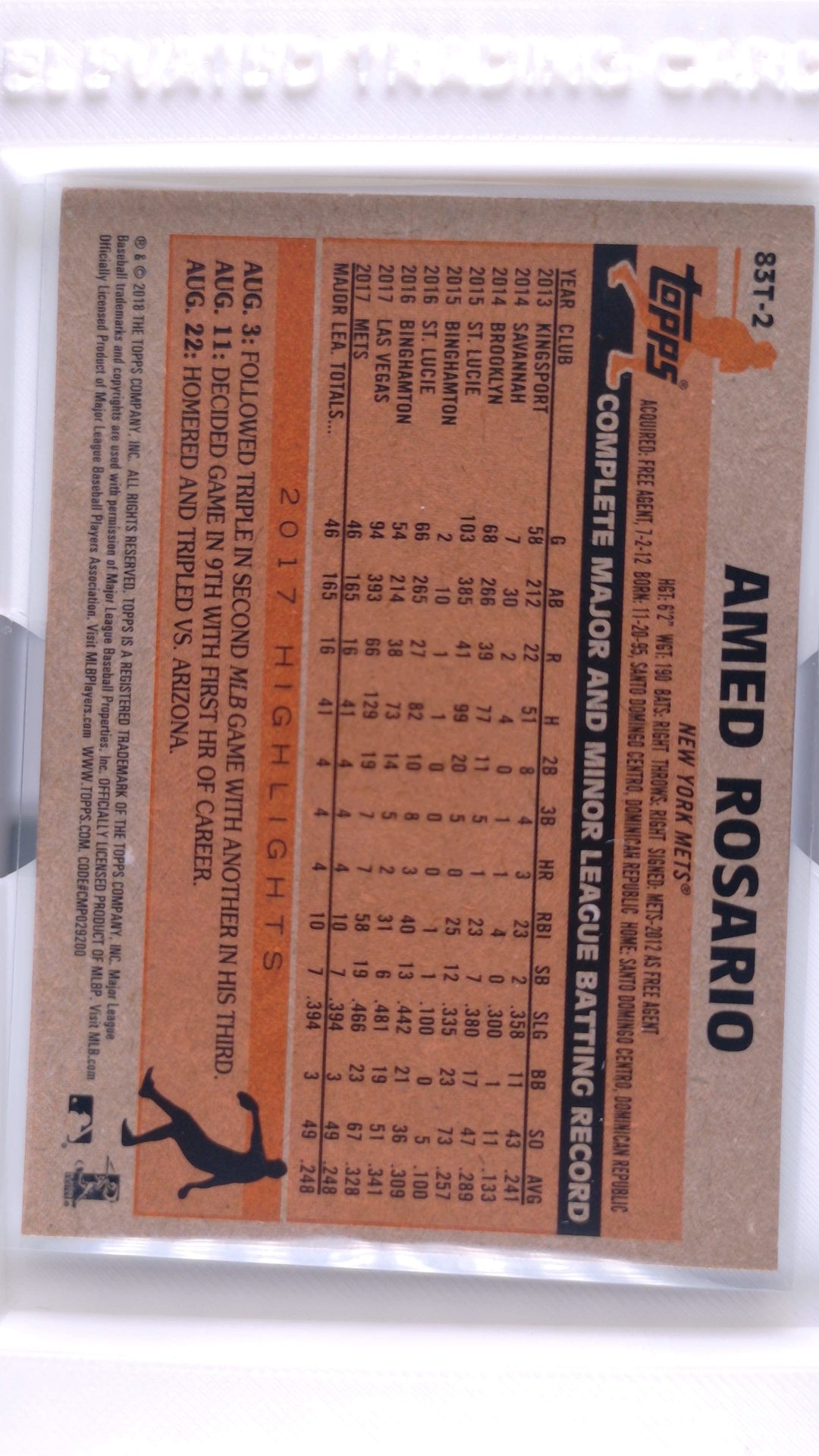 #83T-2 Amed Rosario Rookie 1983 Topps Baseball - back