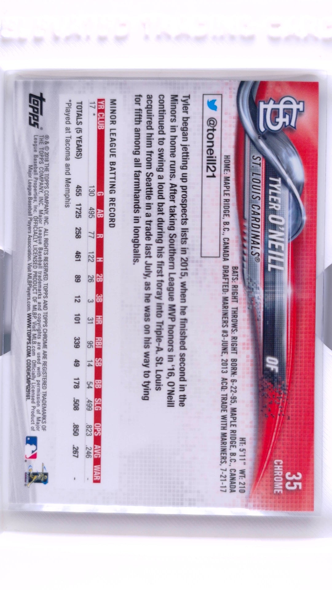 #35 Tyler O'Neill Rookie - back