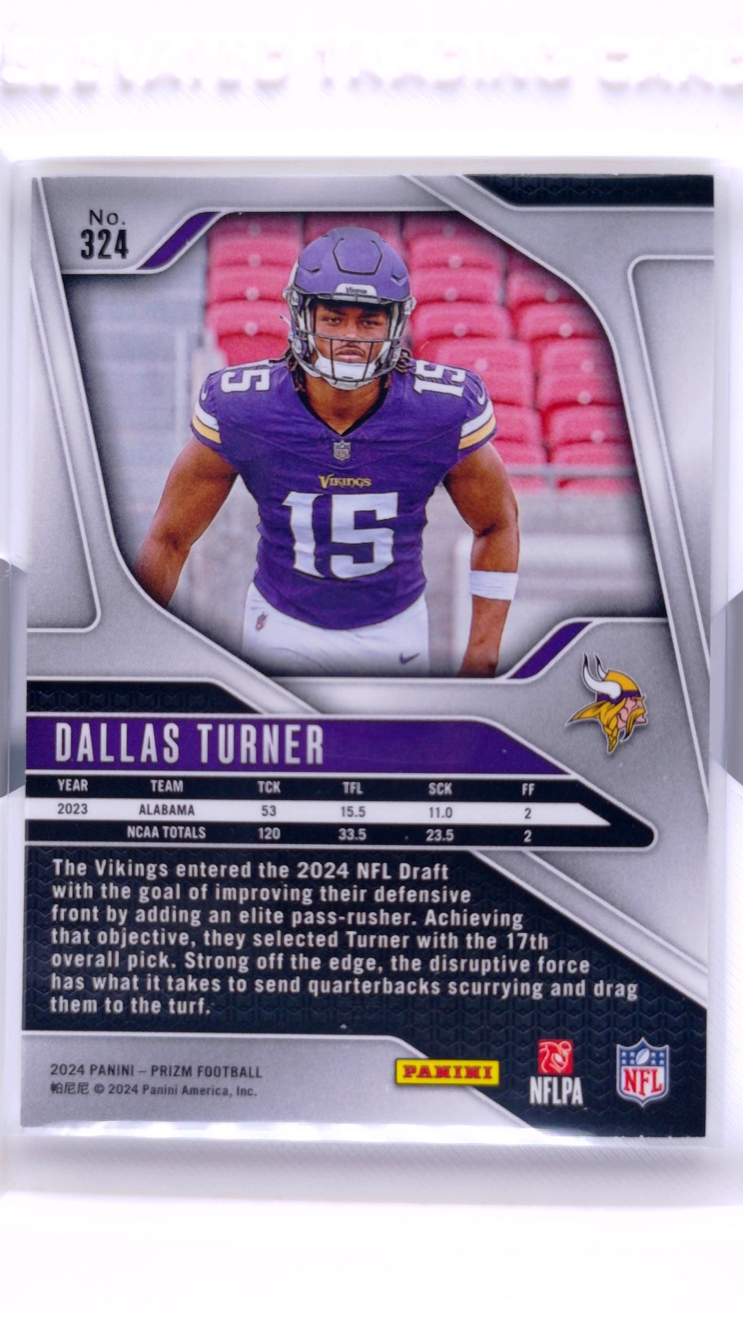 #324 Dallas Turner Rookie - back
