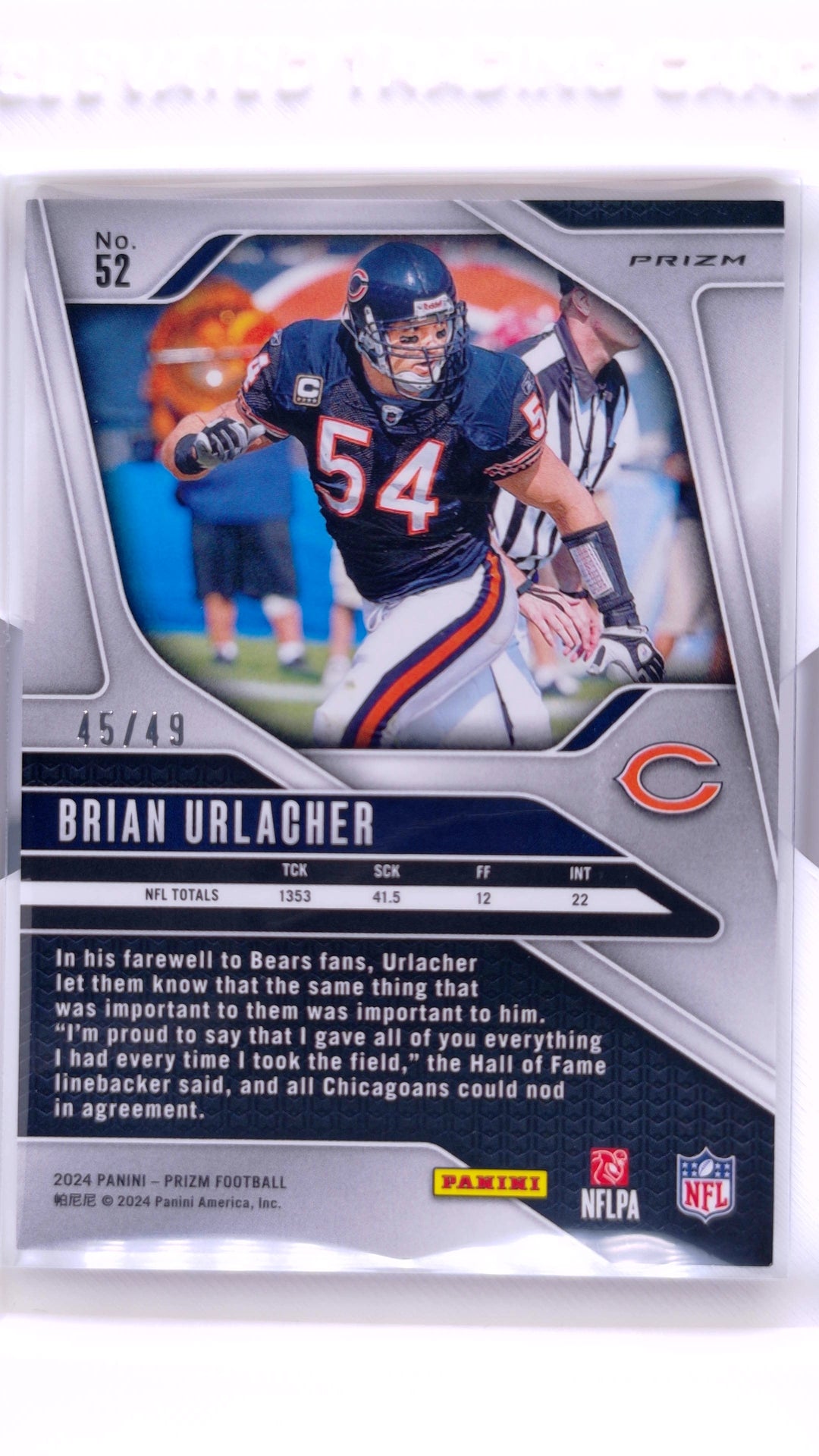 #52 Brian Urlacher Purple Power Prizm #45/49 - back