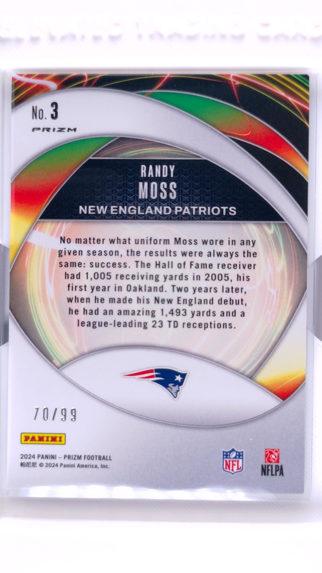 #3 Randy Moss Portals Blue Ice Prizm #70/99 - back