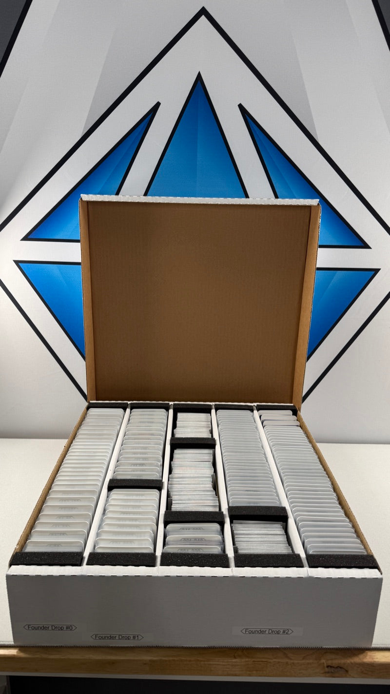 An ETC inventory box — sleeved cards from three Drops, catalogued and organized