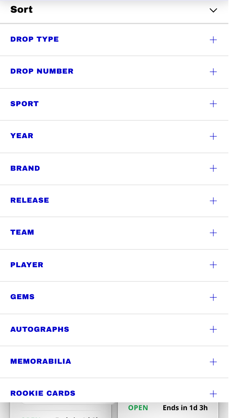 The Cards filter drawer — Drop, sport, year, brand, team, player, and a dozen more ways to narrow the catalog